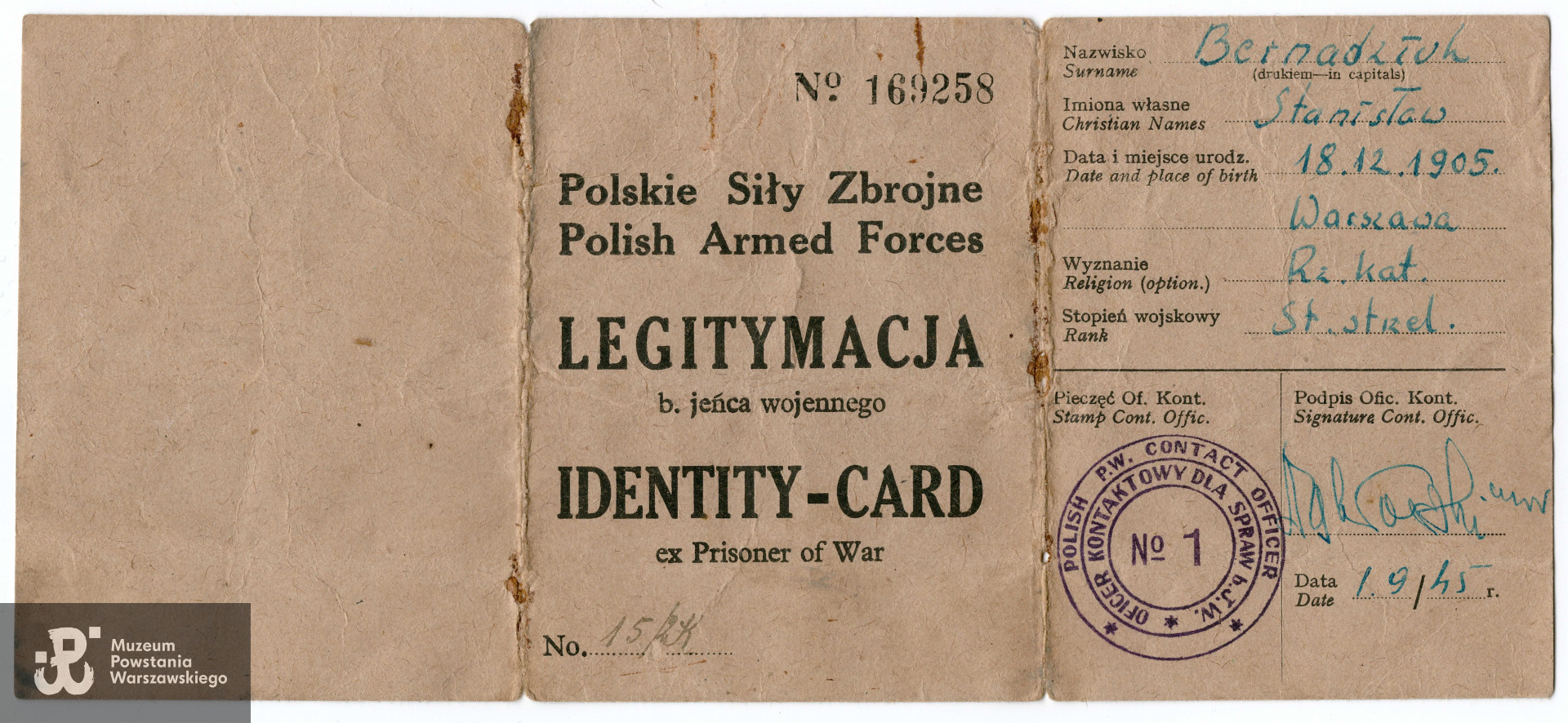 Legitymacja byłego jeńca wojennego - awers. Ze zbiorów Muzeum Powstania Warszawskiego, sygn. P/9177, dar p. Mirosława Wieczerzaka