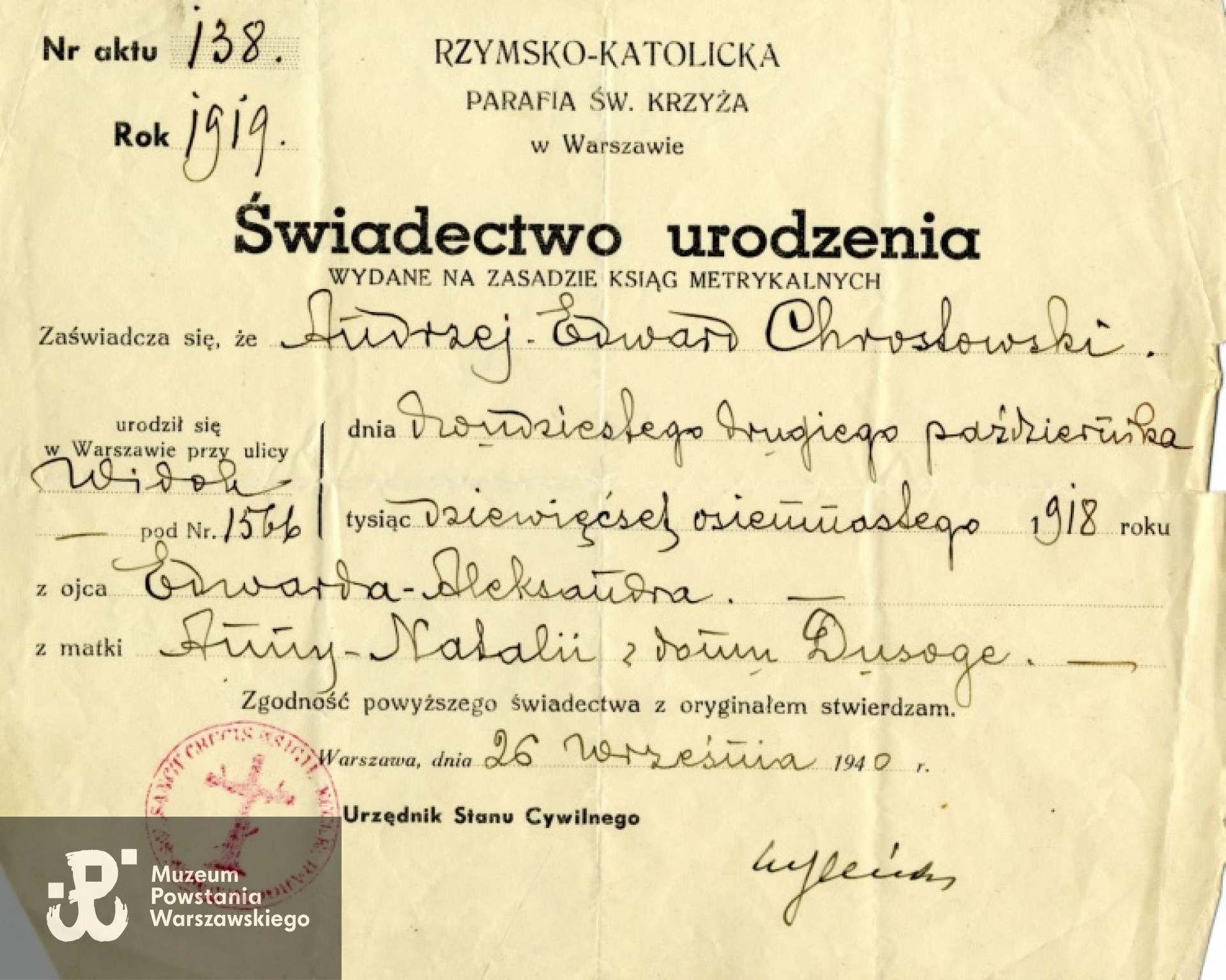 Świadectwo urodzenia Andrzeja Chrostowskiego. Ze zbiorów Teresy Chrostowskiej - Sawickiej