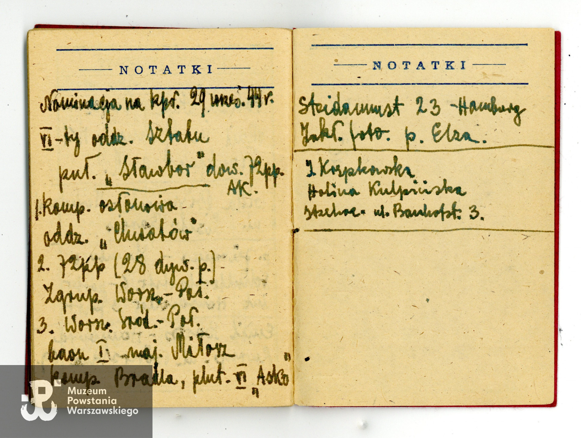 Kalendarzyk na 1944 rok, należący do Tadeusza Gaertiga. Ze zbiorów Muzeum Powstania Warszawskiego, MPW-A/9473 (P/7891),  dar p. Małgorzaty Gaertig-Barr, córki Powstańca