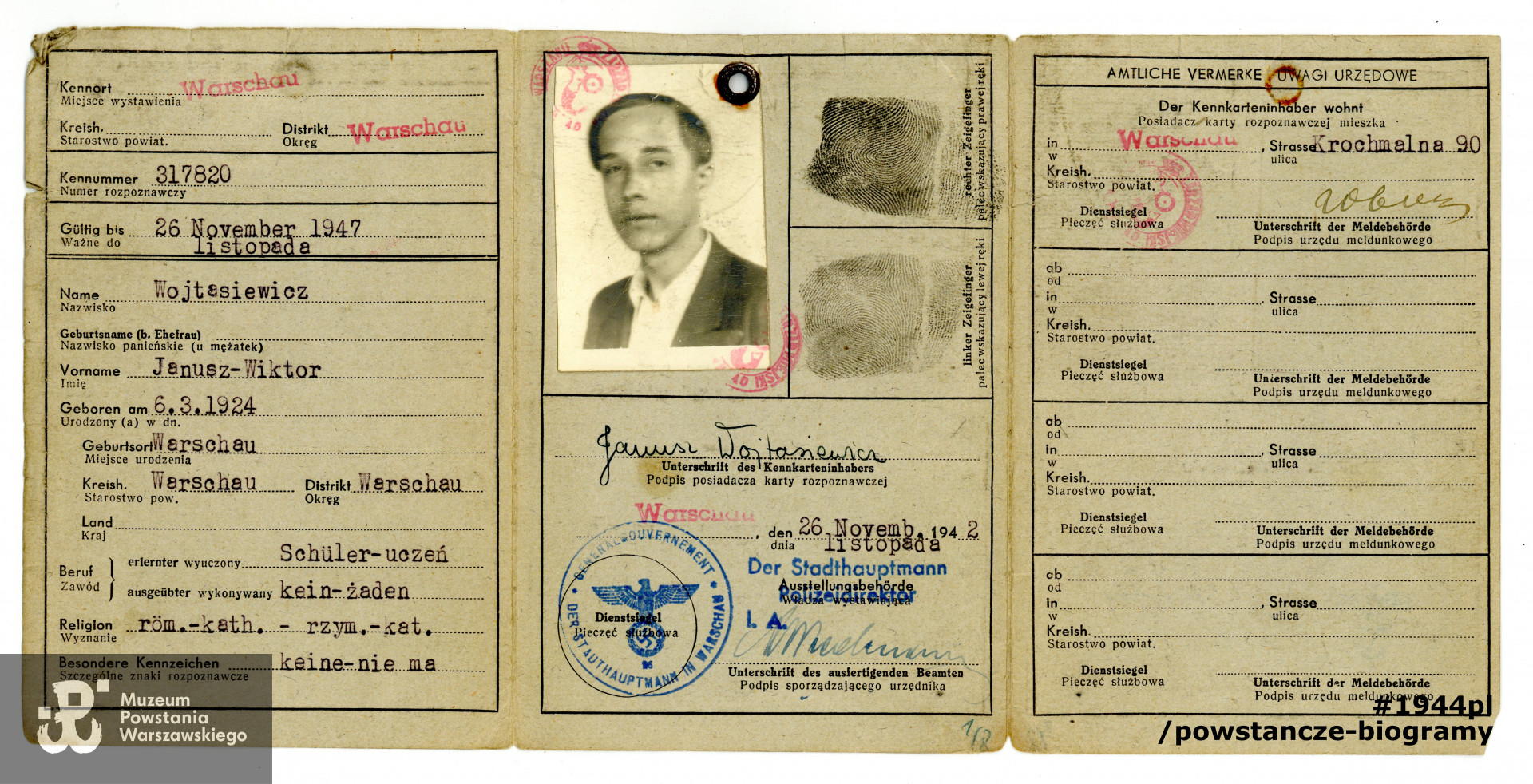 Kennkarta Janusza Wojtasiewicza; dokument z gapą i zdjęciem, ze zbiorów Muzeum Powstania Warszawskiego, sygn. P/7236/11, dar p. Jana Leopolda