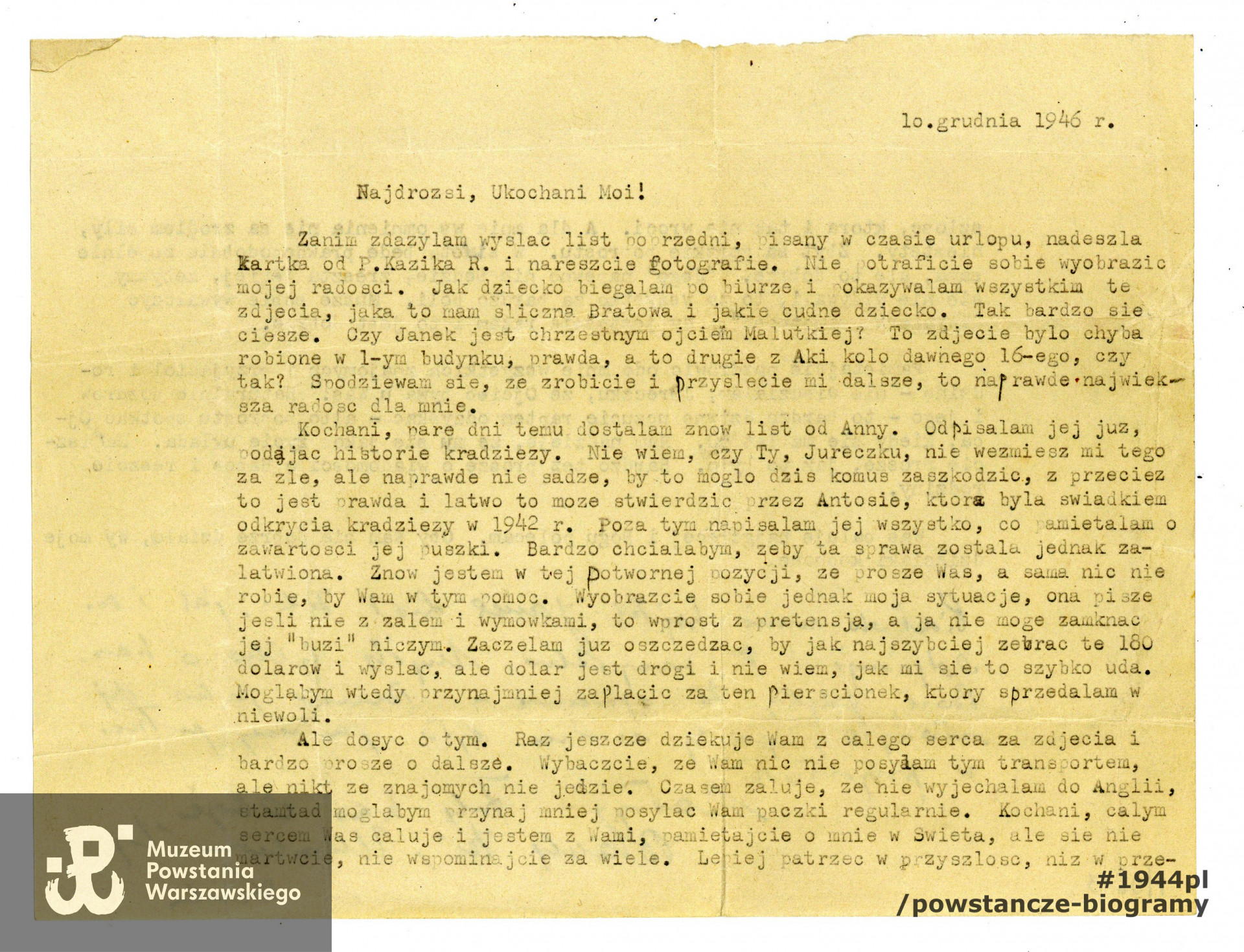 List Marii Kurpińskiej do rodziny.  Ze zbiorów Muzeum Powstania Warszawskiego, sygn. P/9613/22