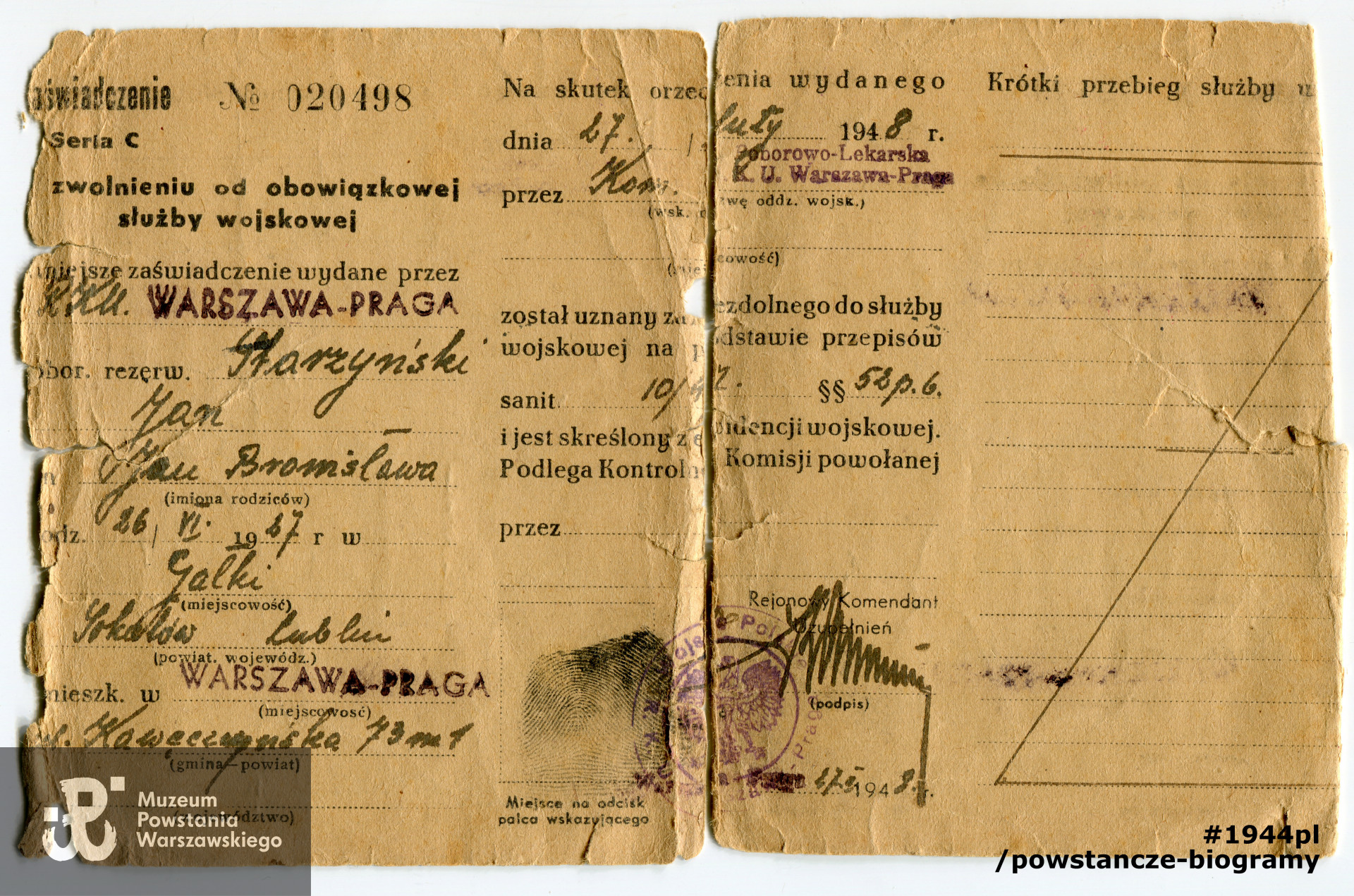 Zaświadczenie wojskowe - zwolnienie z obowiązku służby wojskowej. Dokument  z archiwum rodzinnego p. Iwony Powierzy