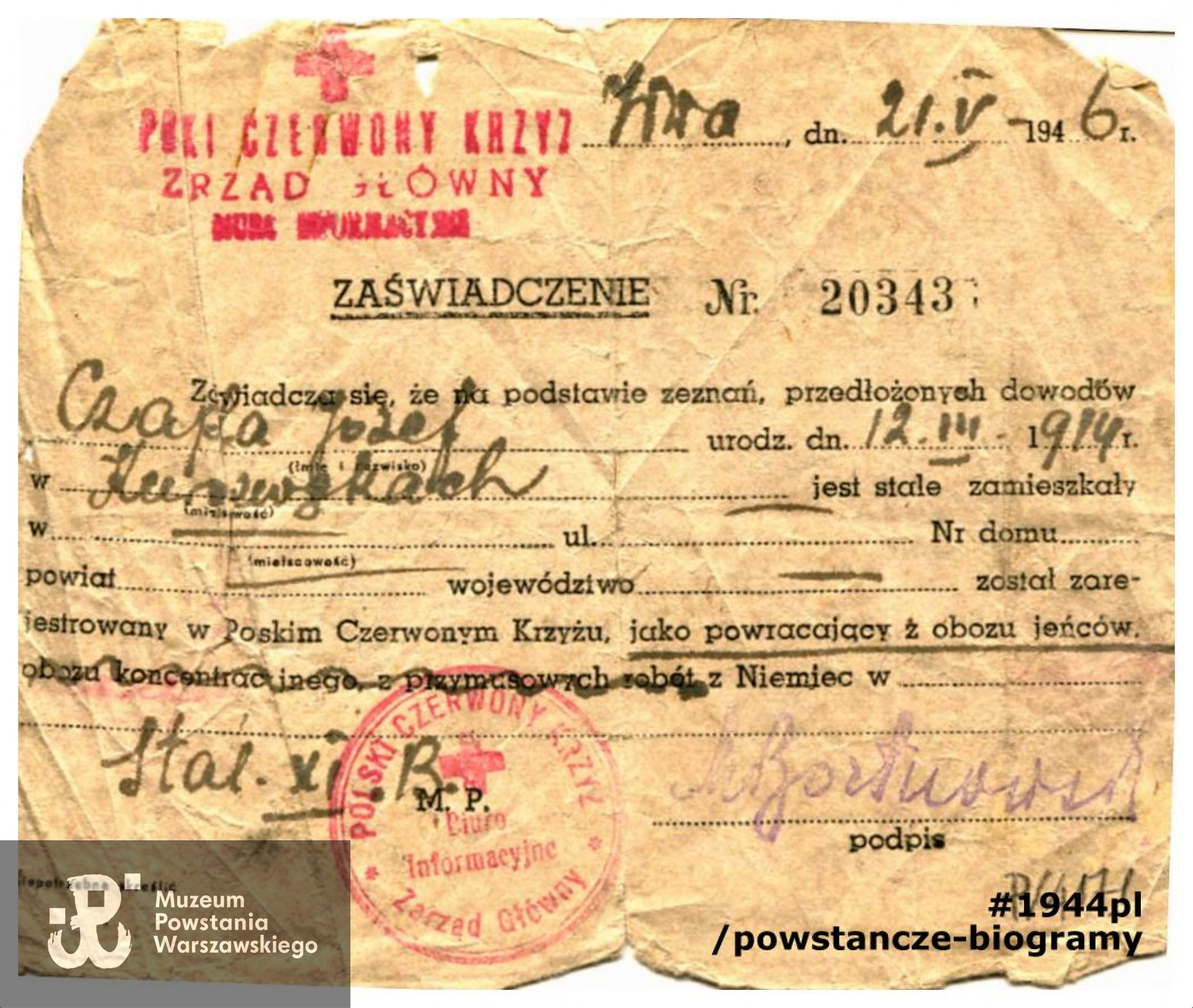 Dokument Polskiego Czerwonego Krzyża zaświadczający, że Józef Czapla jest zarejestrowany w PCK, jako powracający z obozu jeńców z Niemiec. Data wystawienia 21.05.1946. Ze zbiorów Muzeum Powstania Warszawskiego, sygn. MPW-A-3782