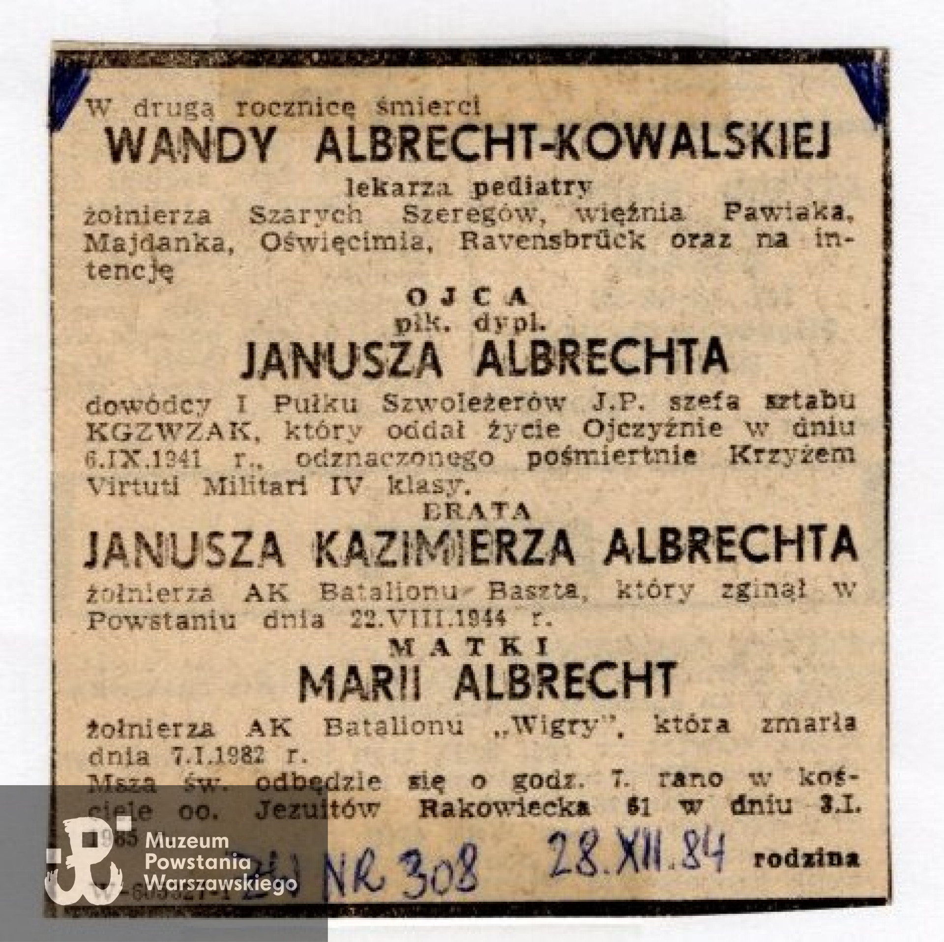 Nekrolog, "Życie Warszawy" z 28.12.1984 roku, Teczki personalne uczestników Powstania Warszawskiego: Albrecht Janusz ps. Janosik