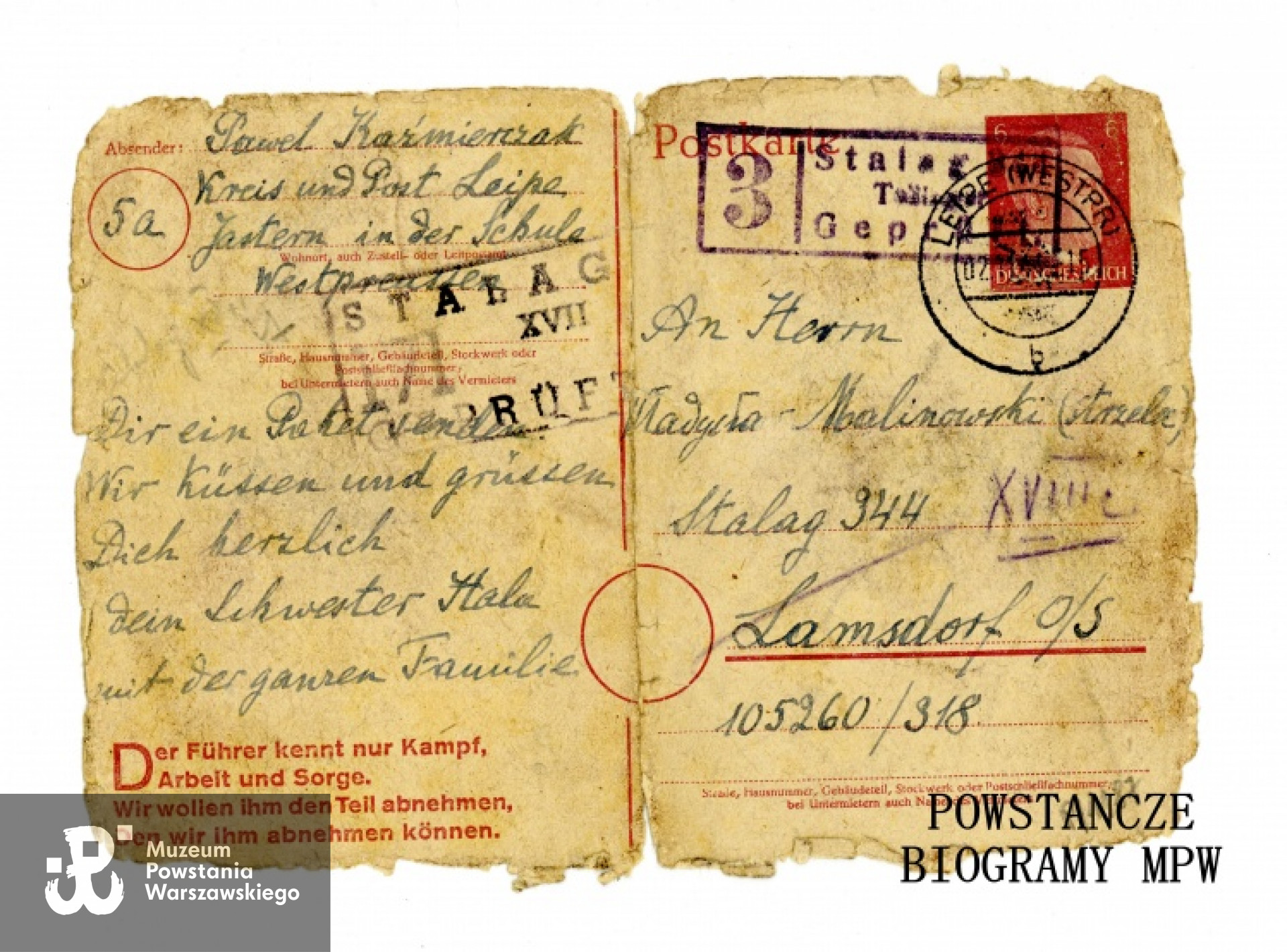 Karta pocztowa do obozu 344  Lamsdorf dla strz. Władysława Malinowskiego (Włodzimierz Wiśniewski). Ze zbiorów Muzeum Powstania Warszawskiego, sygn. P/1187, dar Włodzimierza Wiśniewskiego "Szczerby"