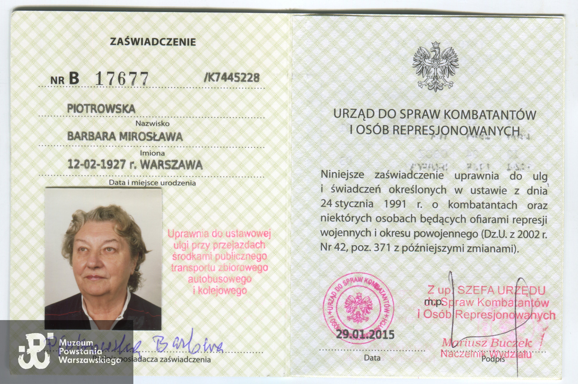 Zaświadczenie Urzędu ds Kombatantów i Osób Represjonowanych.  Ze zbiorów   p. Barbary Piotrowskiej z domu Góreckiej. 