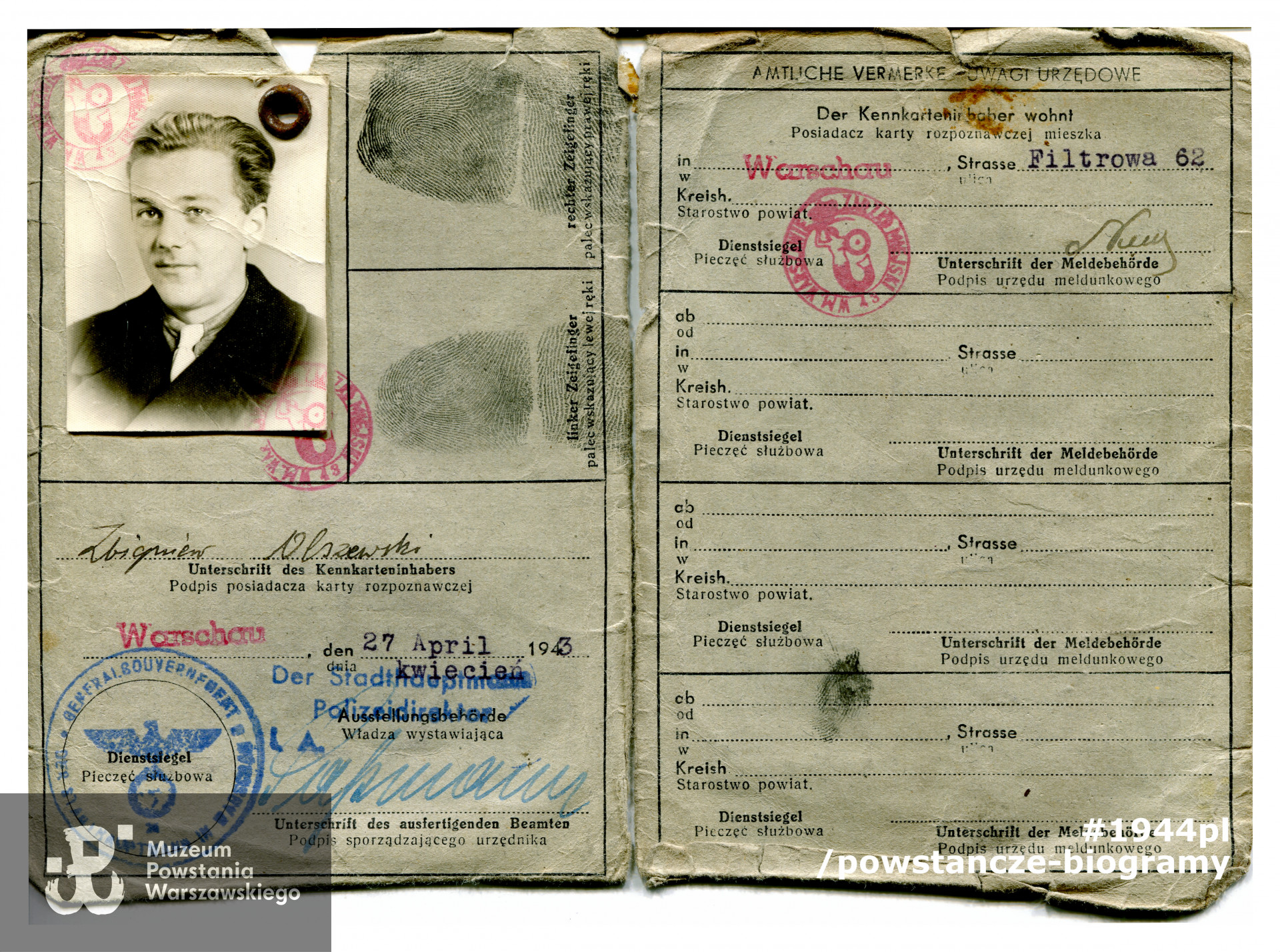 Niemiecka kenkarta (karta rozpoznawcza, niem. Kennkarte), wystawiona 27.04.1943 roku w Warszawie  dla Zbigniewa Olszewskiego. Brak pierwszej karty dokumentu. Ze zbiorów Muzeum Powstania Warszawskiego,  sygn. MPW-A-5402