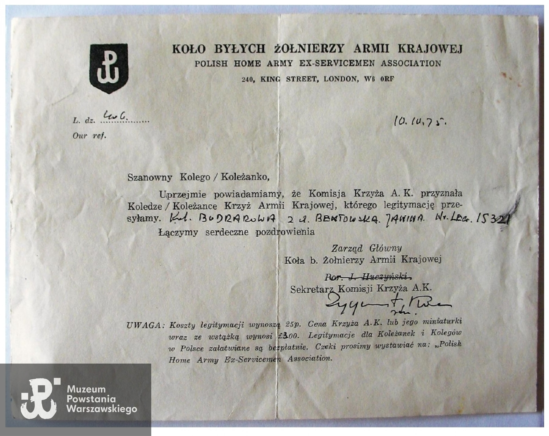 SPP w Londynie - zaświadczenie weryfikacyjne. Skan udostępnił p. Krzysztof M. Kaźmierczak