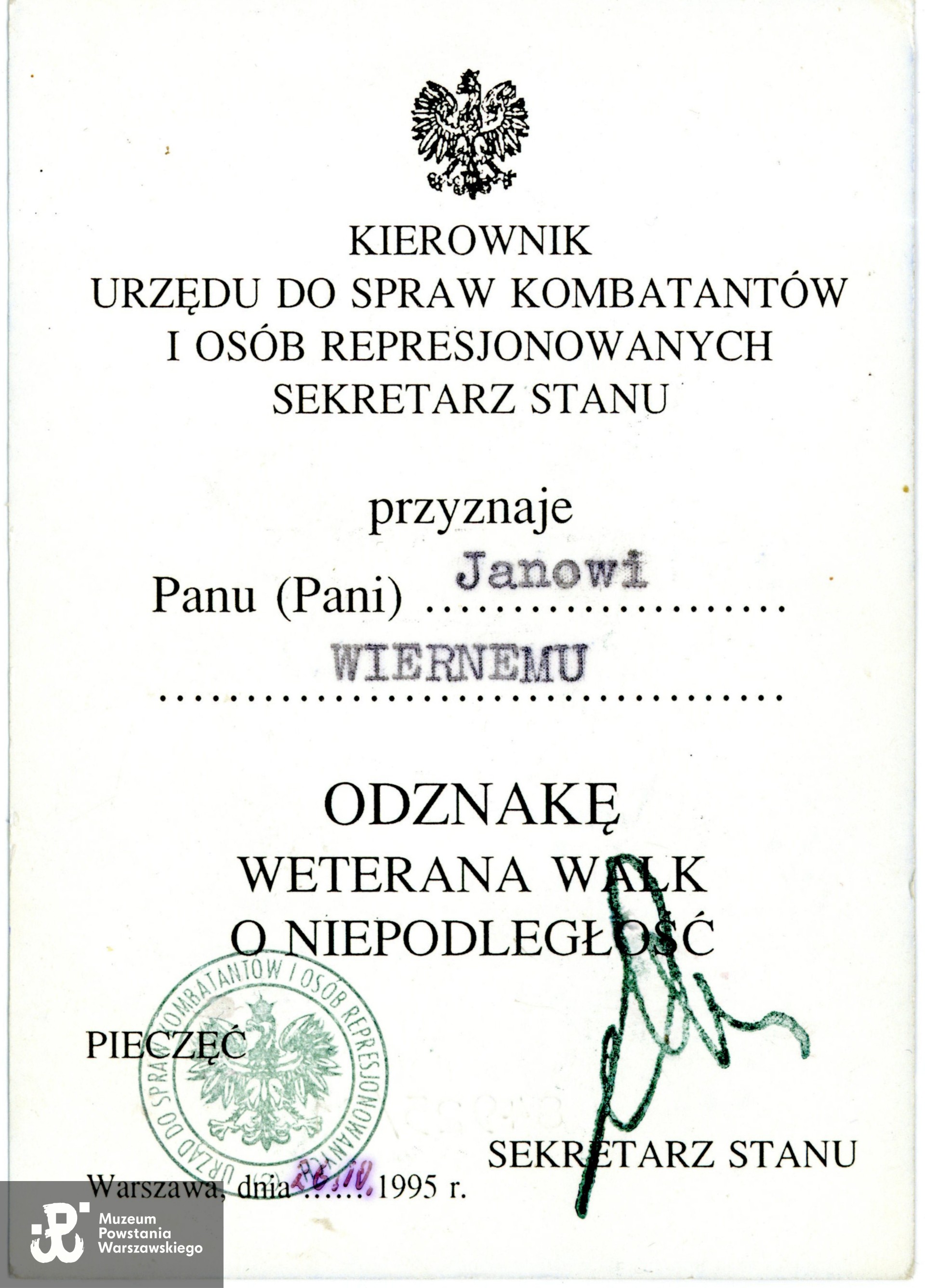 Legitymacja odznaczeniowa - Odznaka Weterana Walk o Niepodległość. Ze zbiorów rodzinnych p. Joanny Lechowicz, córki Powstańca. Skany wykonano w Muzeum Powstania Warszawskiego wiosną 2025 r. 