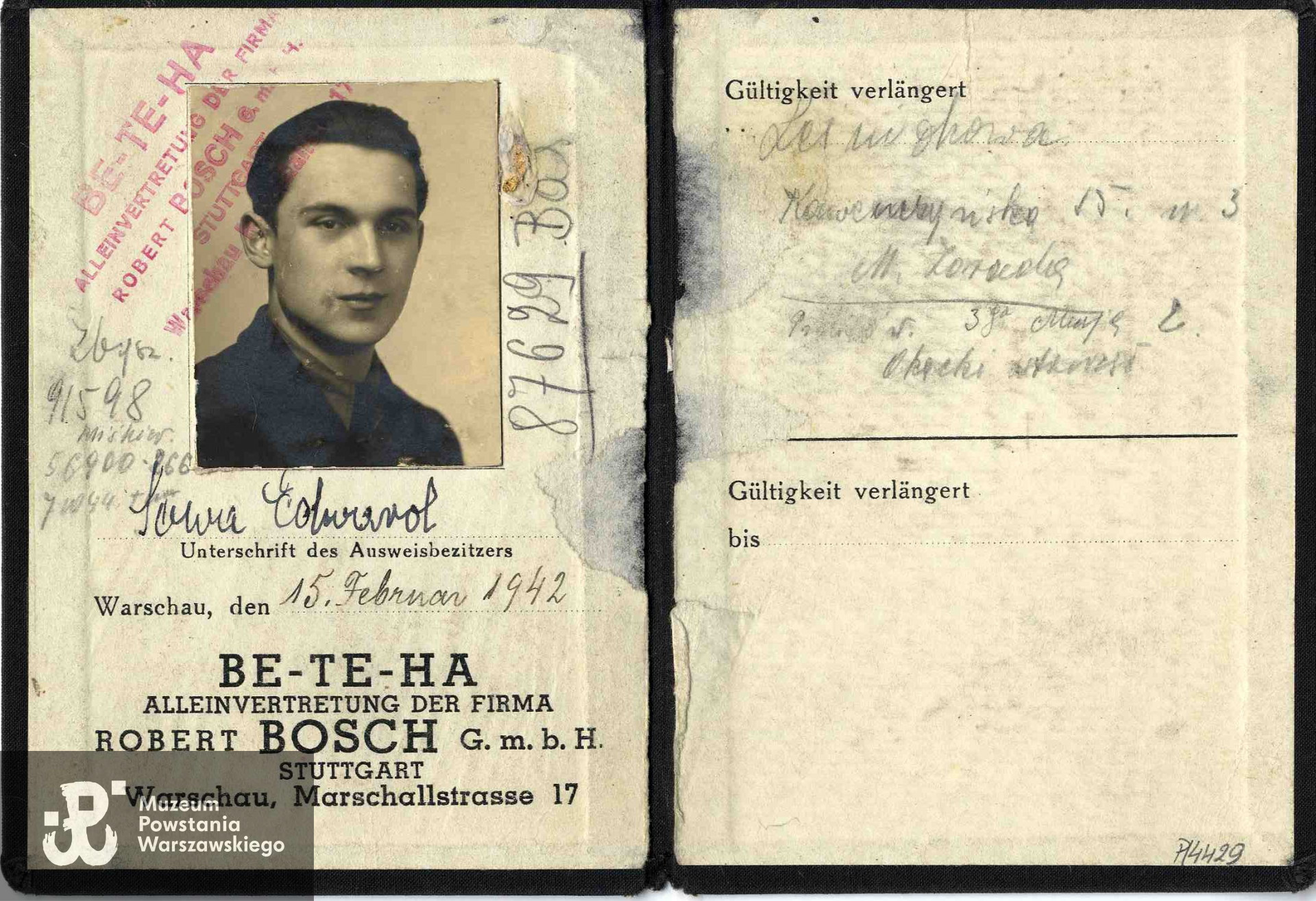  Legitymacja Edwarda Sowy ps. Babinicz. Ze zbiorów Muzeum Powstania Warszawskiego, sygn. P/4429, dar Zofii Dziembaj