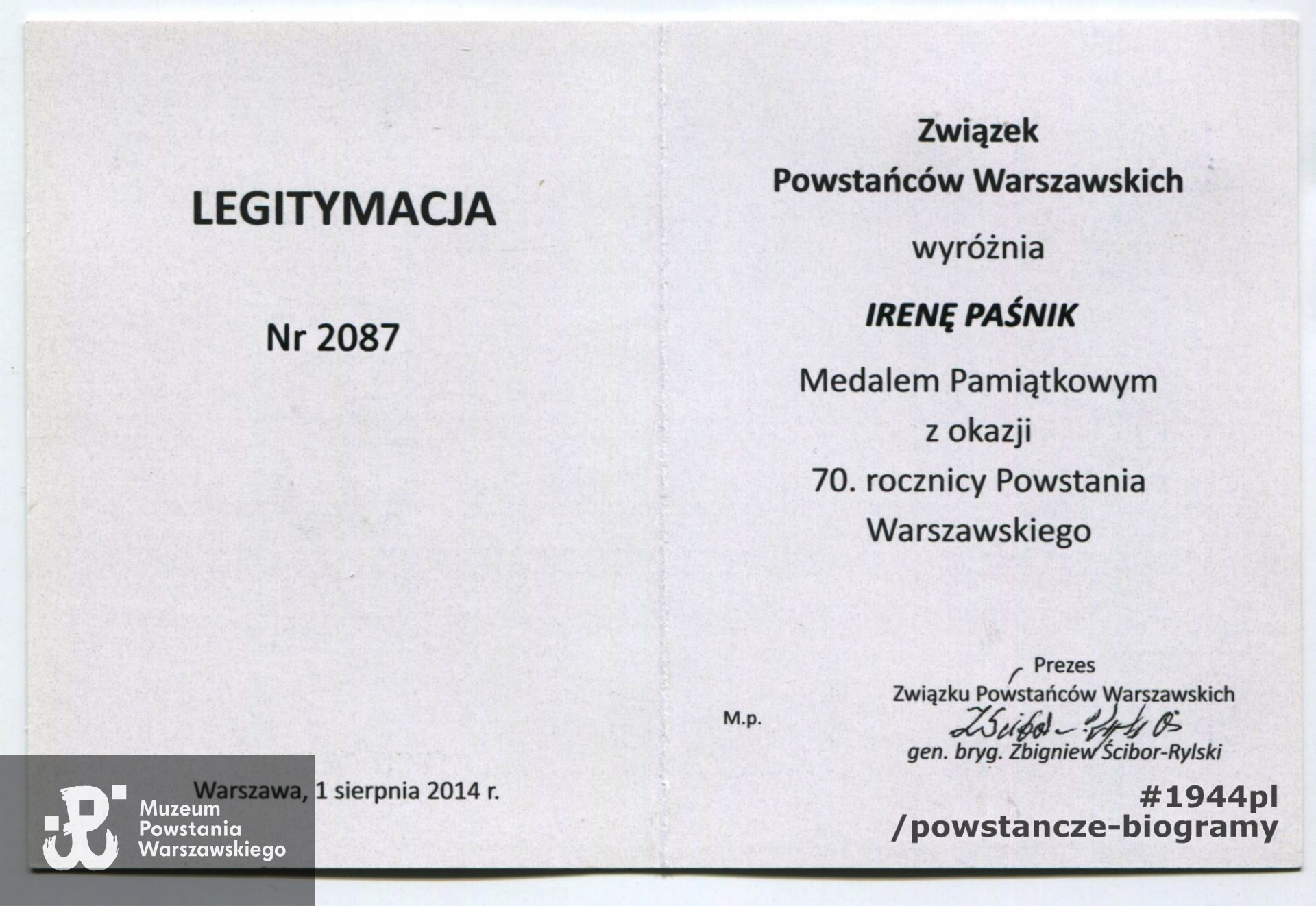 Legitymacja ze zbiorów p. Ireny Paśnik z domu Szyperskiej, skan: materiały do Słownika Uczestników PW/Pokój Kombatanta