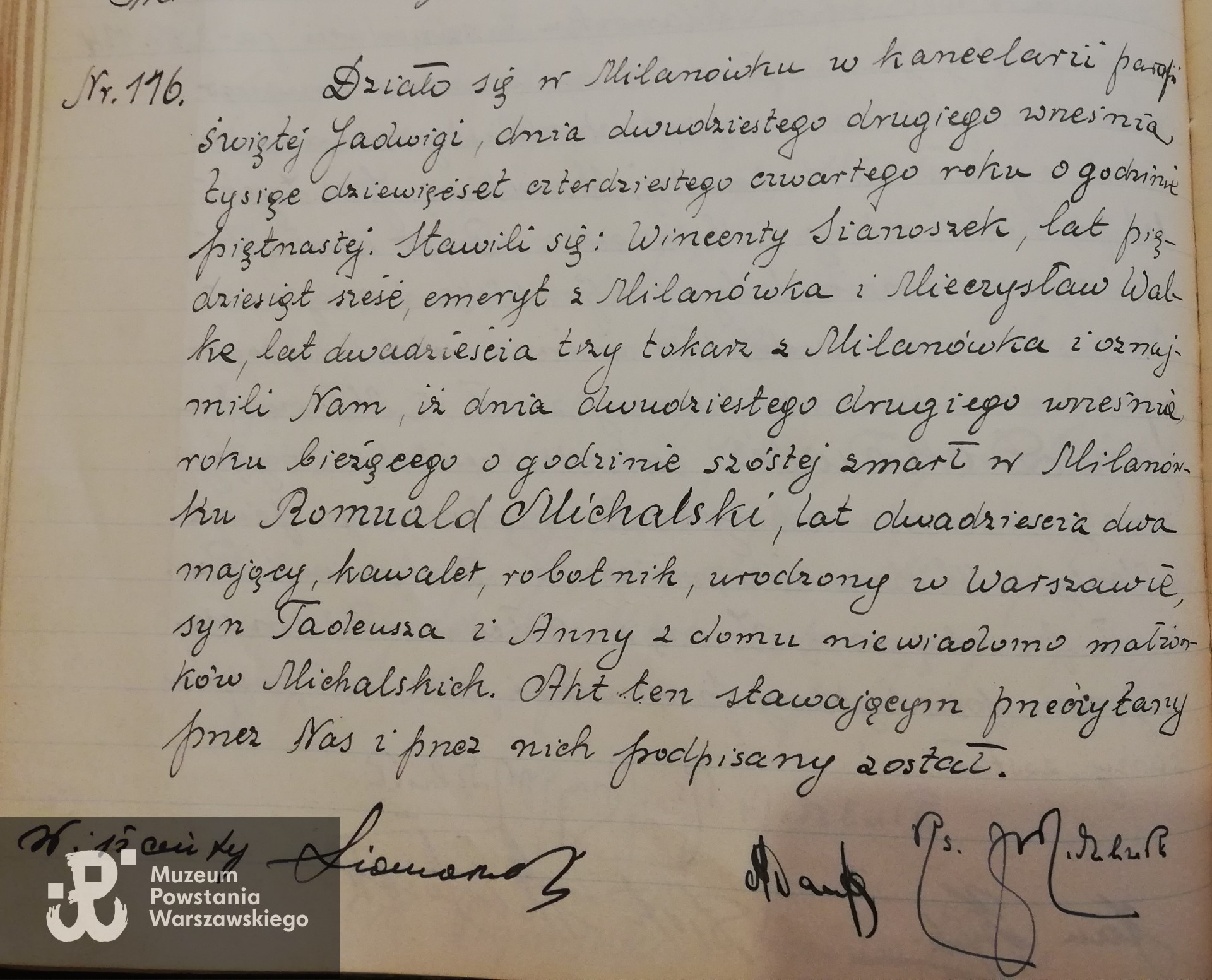 Akt zgonu nr 116/44, Romuald Michalski, skan nadesłała p. Maria Smoleń