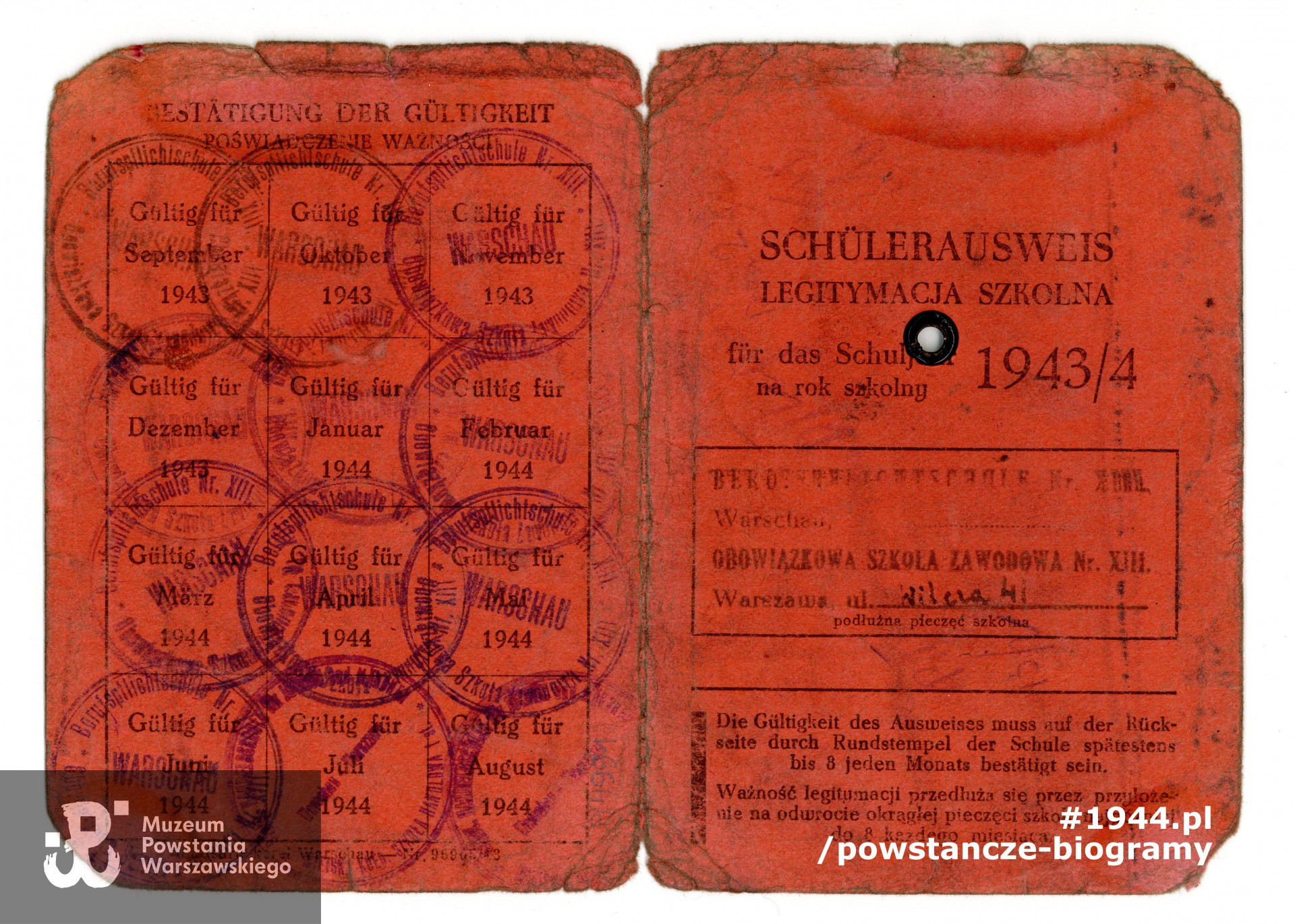  Legitymacja szkolna ze zdjęciem (Schülerausweis) wystawiona na nazwisko Wojciech Marcinkiewicz na rok szkolny 1943/44. Ze zbiorów Muzeum Powstania Warszawskiego, sygn. P/4991/06, dar p. Wojciecha Marcinkiewicza