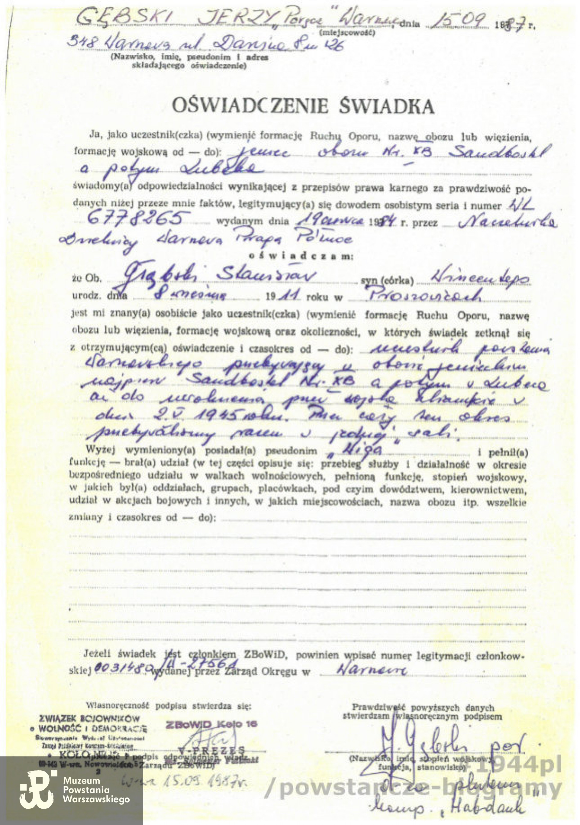 Oświadczenie świadka - ppor. Jerzego Gębskiego "Poręcz". Z  archiwum rodzinnego p. Piotra Głąbskiego