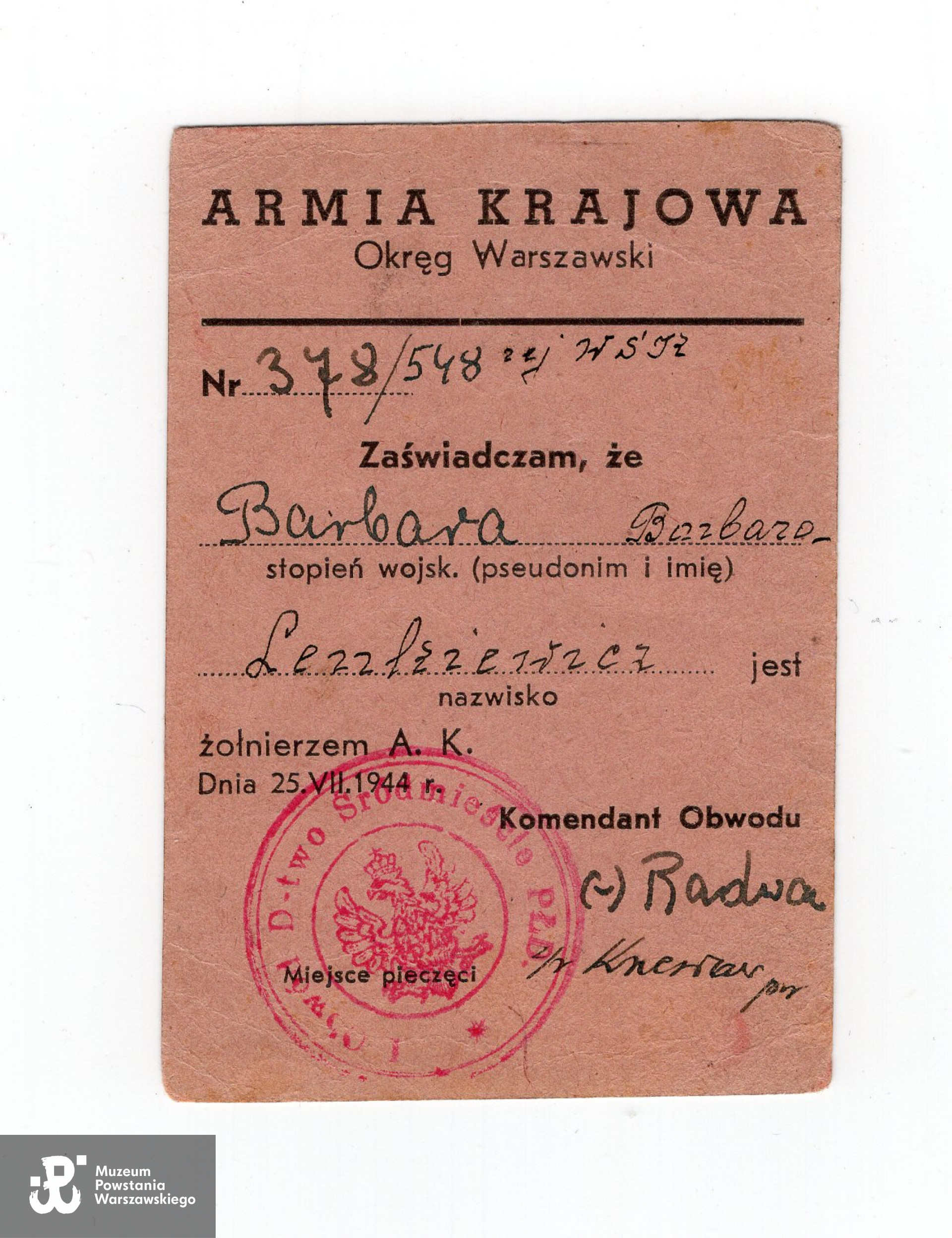 Należąca do Barbary Lenkiewicz legitymacja Armii Krajowej, archiwum rodzinne