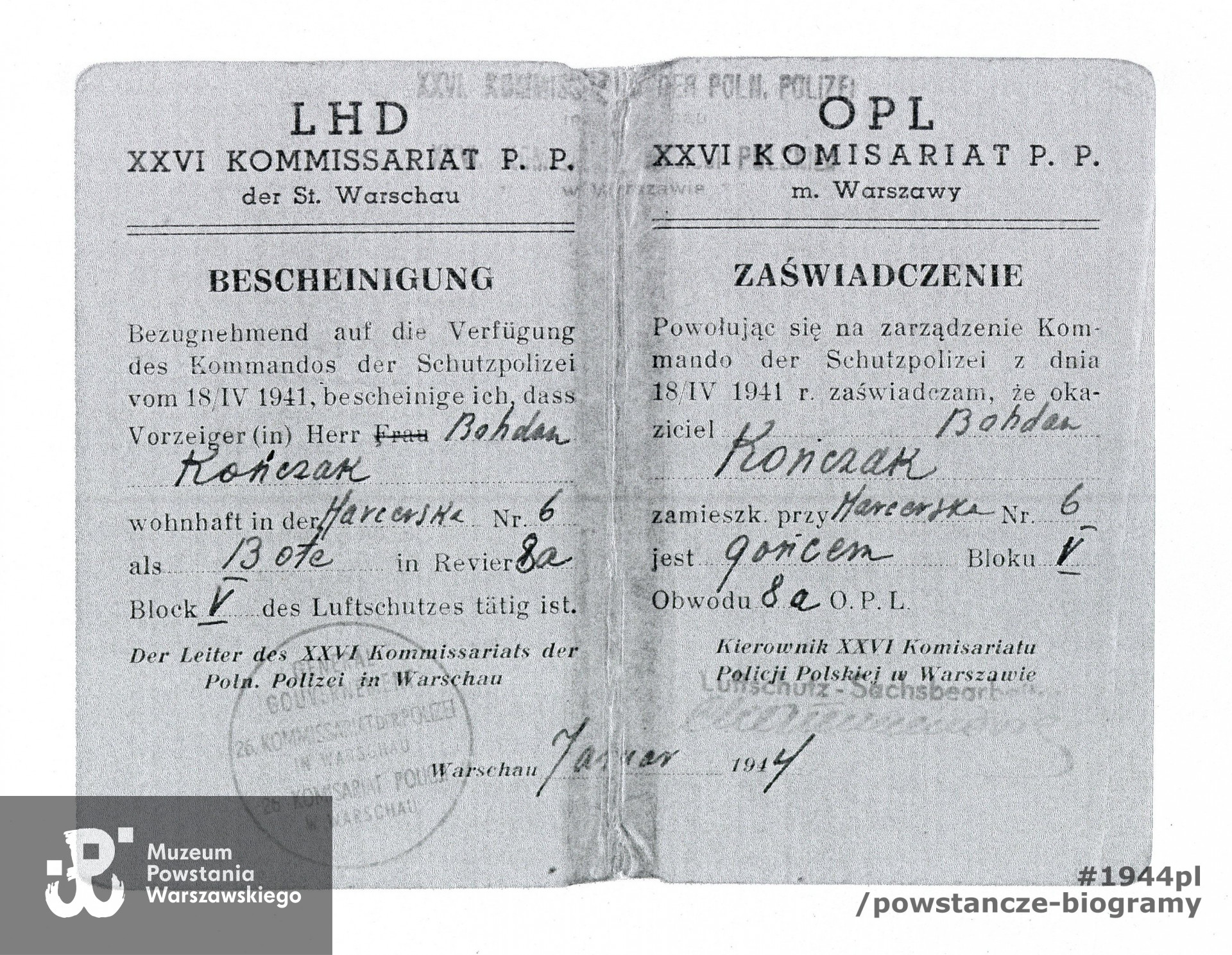 Zaświadczenie (Bescheinigung) z okresu okupacji niemieckiej wystawione przez przez XXVI Komisariat Policji Polskiej m. Warszawy o pełnieniu funkcji gońca OPL.  Skan: materiały do Słownika Biograficznego Uczestników Powstania gromadzone przez Pokój Kombatanta MPW