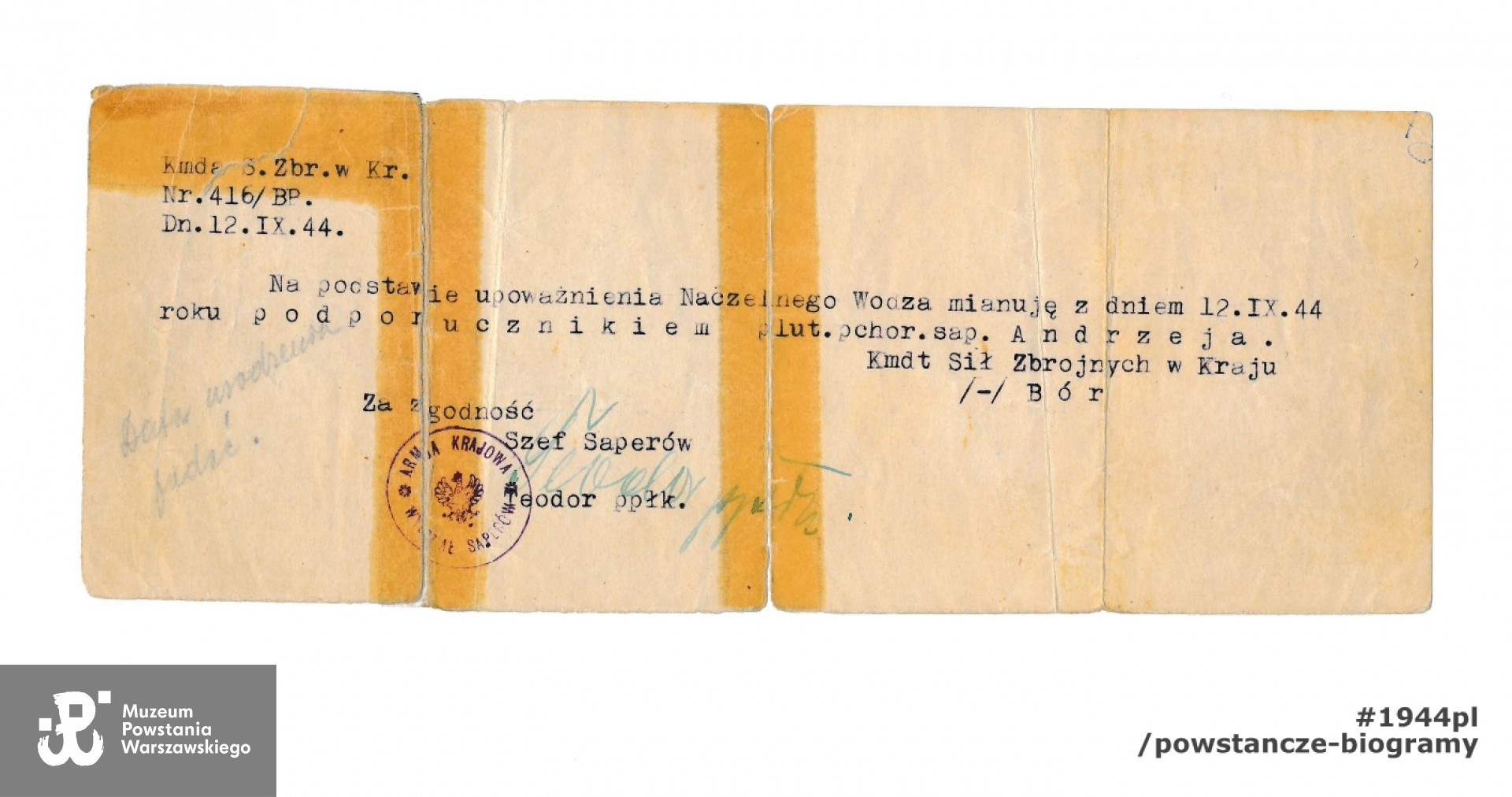 Rozkaz awansowy do stopnia podporucznika wystawiony dla plut. pchor. sap. Andrzeja [Porembskiego], z dn. 12.09.1944. Na dokumencie widoczny podpis ppłk. Franciszka Niepokólczyckiego "Teodora", szefa Wydziału Saperów w KG AK. Ze zbiorów Muzeum Powstania Warszawskiego, sygn. P/9462/21, dar p. Małgorzaty Porembskiej