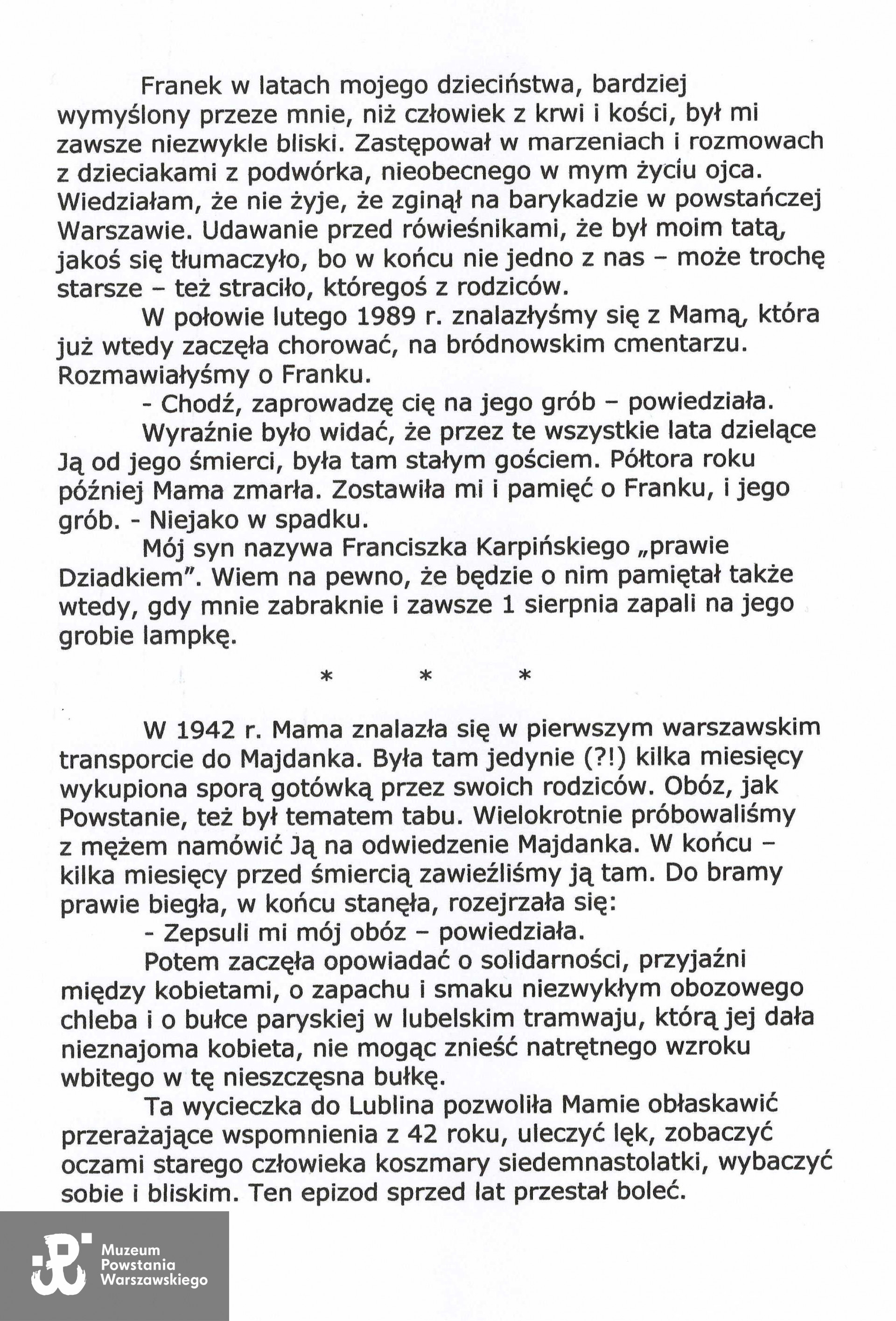 Fragment wspomnień o Janinie Mesterhazy, po wojnie Buśkiewicz. Tekst udostępniła p. p. Agata (Ewa) Zielińska z d. Buśkiewicz