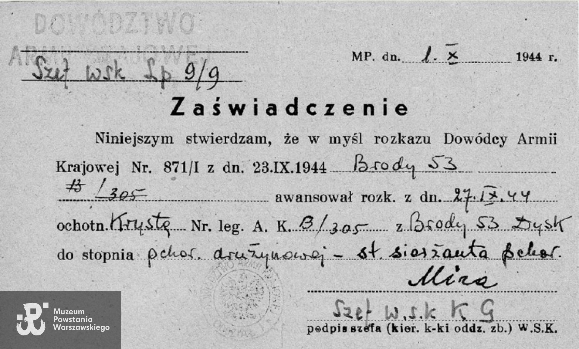 Powstanie Warszawskie - 1.10.1944 r. Zaświadczenie Szefa WSK KG AK potwierdzające awans Wandy Głuchowskiej do stopnia starszego sierżanta. Fot. archiwum rodzinne.