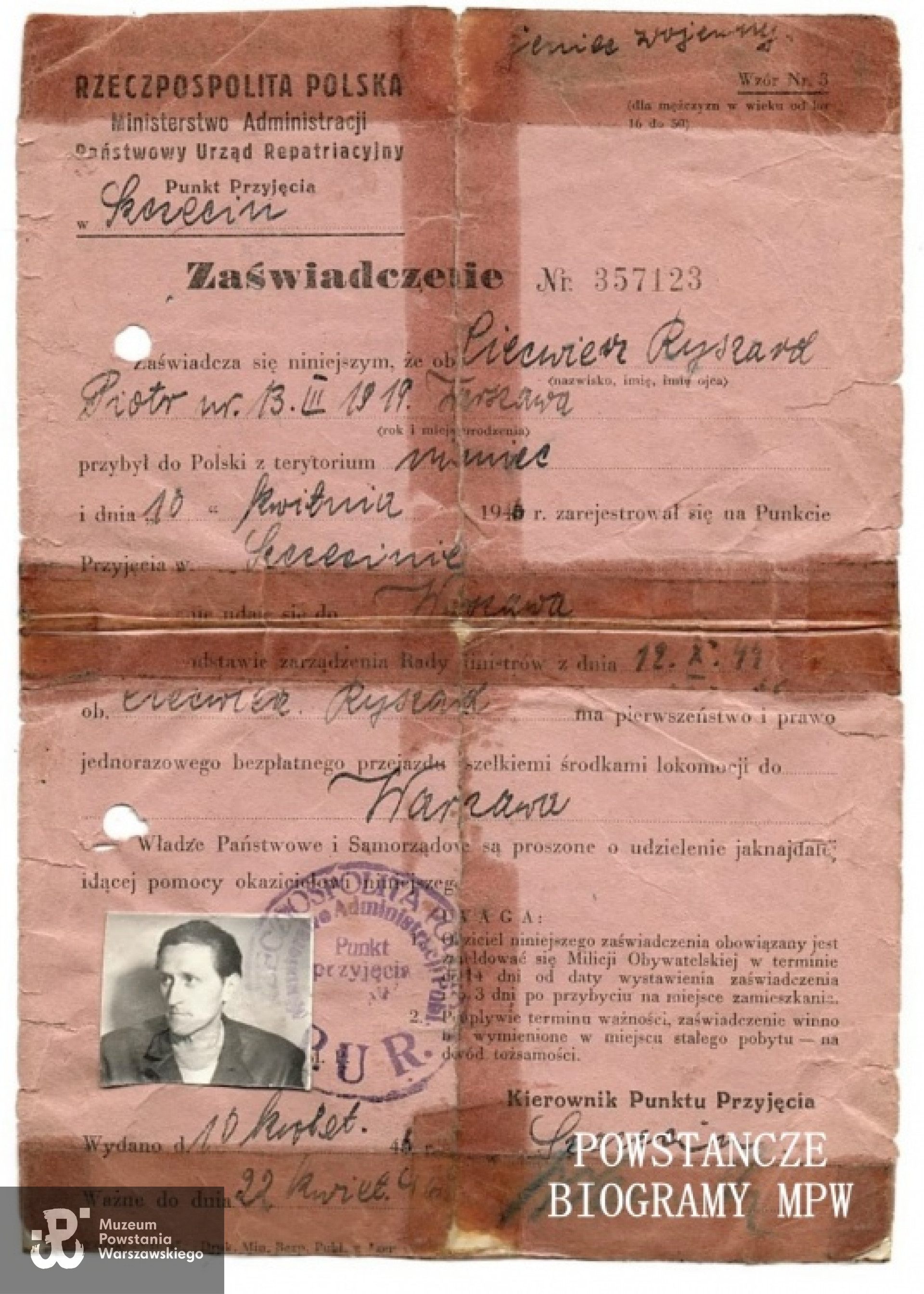 Zaświadczenie repatriacyjne Ryszarda Ciećwierza z kwietnia 1946  roku. Z archiwum rodzinnego.