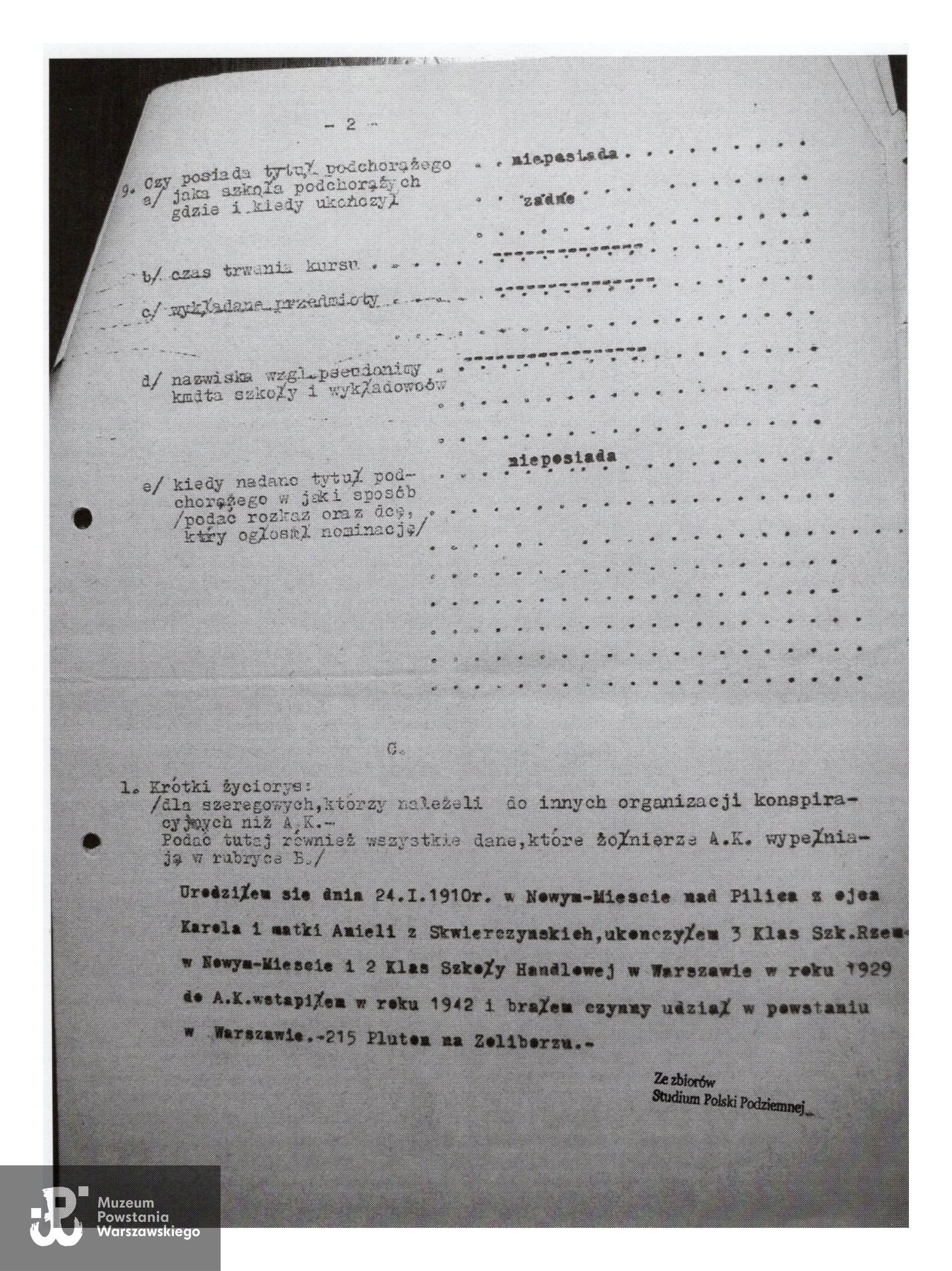 Studium Polski Podziemnej - kwestionariusz specjalny