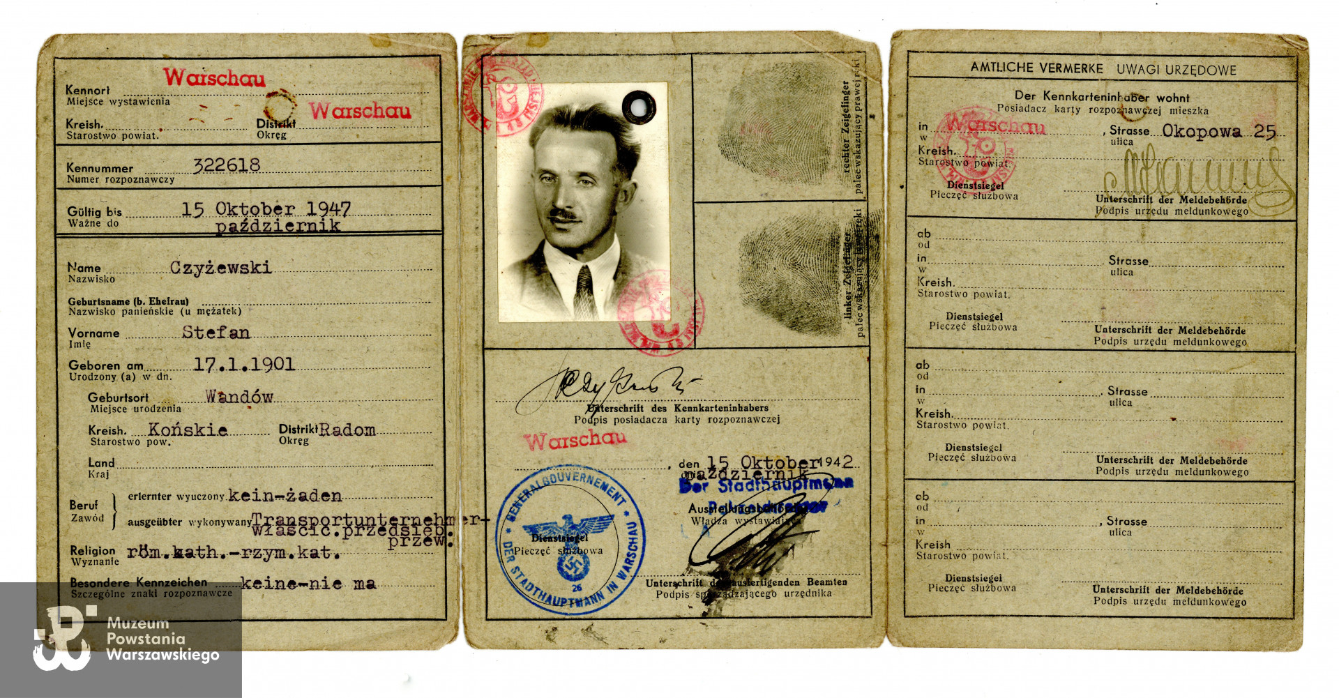 Dokumenty okupacyjne - należąca do Stefana Czyżewskiego karta rozpoznawcza  (niem. Kennkarte).  Ze zbiorów rodzinnych, udostępniła p. Kinga Rusin, wnuczka Powstańca