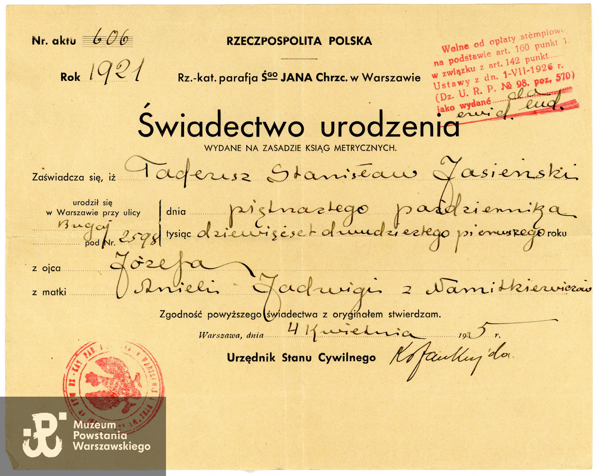 Świadectwo urodzenia. Ze zbiorów rodzinnych p. Pauliny Rastawieckiej udostępniona za pośrednictwem p. Elizy Pelc. Skan wykonano w Muzeum Powstania Warszawskiego w styczniu 2024