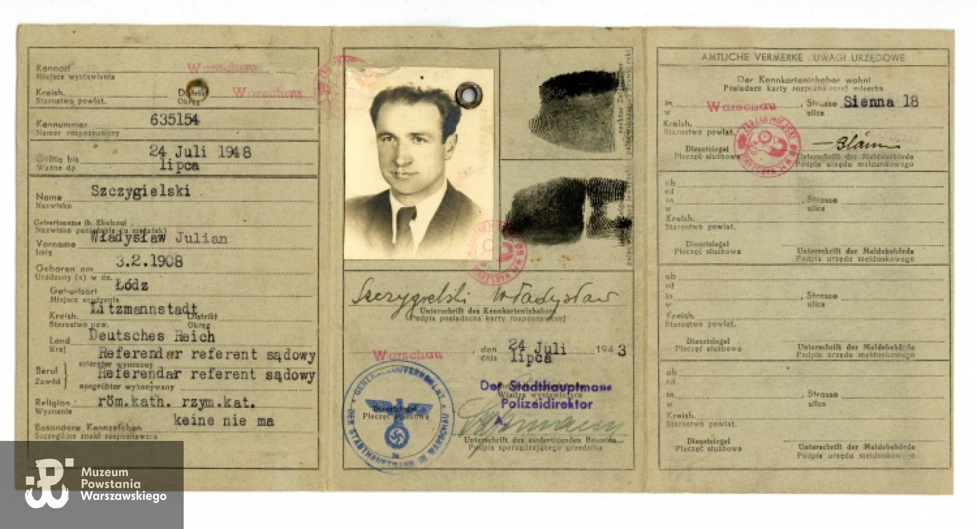 Karta Rozpoznawcza (kennkarte GG). Ze zbiorów Muzeum Powstania Warszawskiego, sygn. P/5450