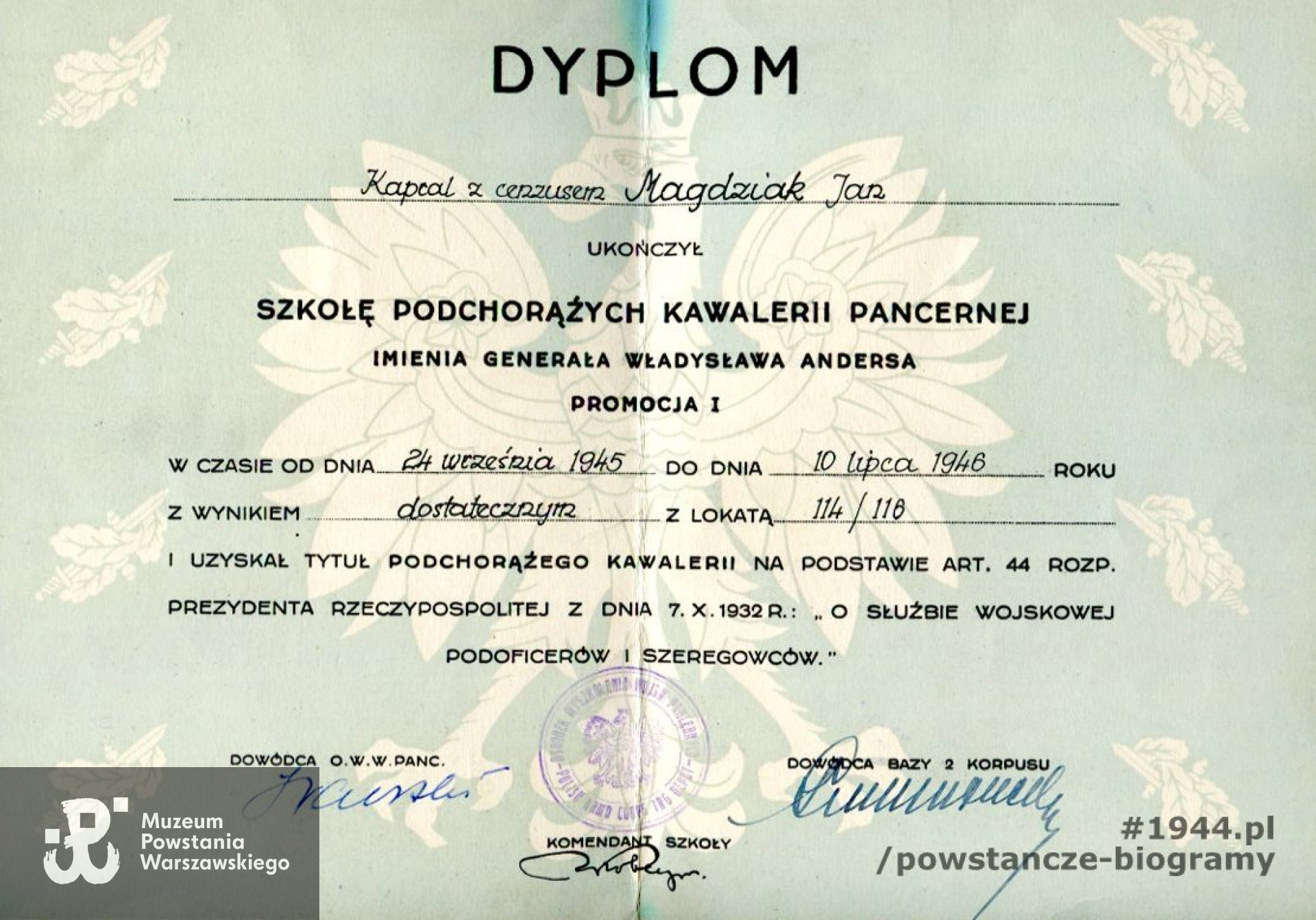 Dyplom ukończenia Szkoły Podchorążych Kawalerii Pancernej im. gen. Władysława Andersa. Ze zbiorów Muzeum Powstania Warszawskiego, MPW-A/1036