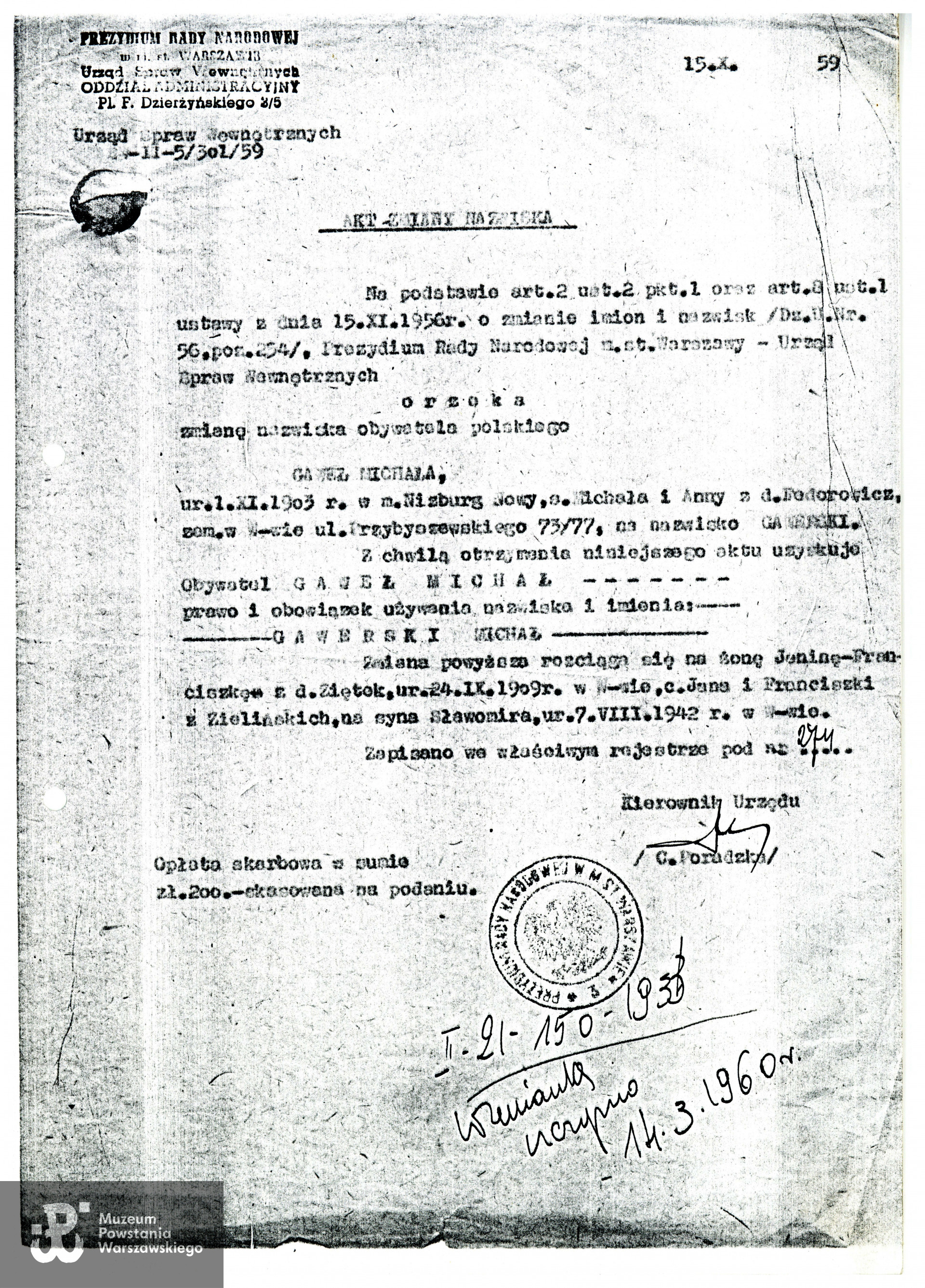 Akt zmiany nazwiska na podstawie ustawy z dnia 15.11.1956 -dokument potwierdzający  oficjalna urzędową zmianę nazwiska Michała  Karola Gawła na nazwisko Gawerski. Archiwum rodzinne p. Adriana Gawerskiego
