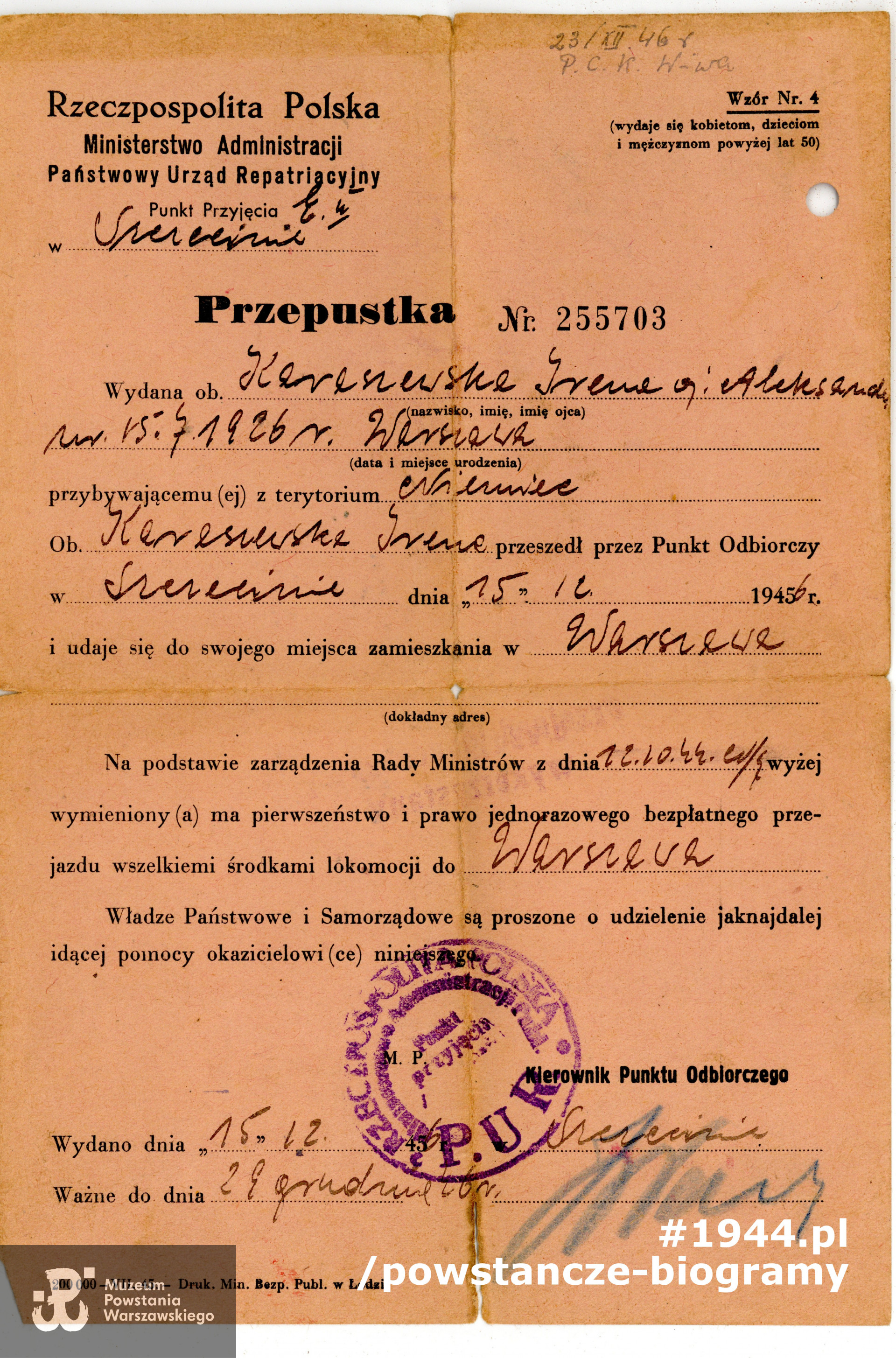 Przepustka Państwowego Urzędu Repatriacyjnego (PUR). Dokument z archiwum rodzinnego  p. Elżbiety Majkowskiej i p. Sylwii Rojek