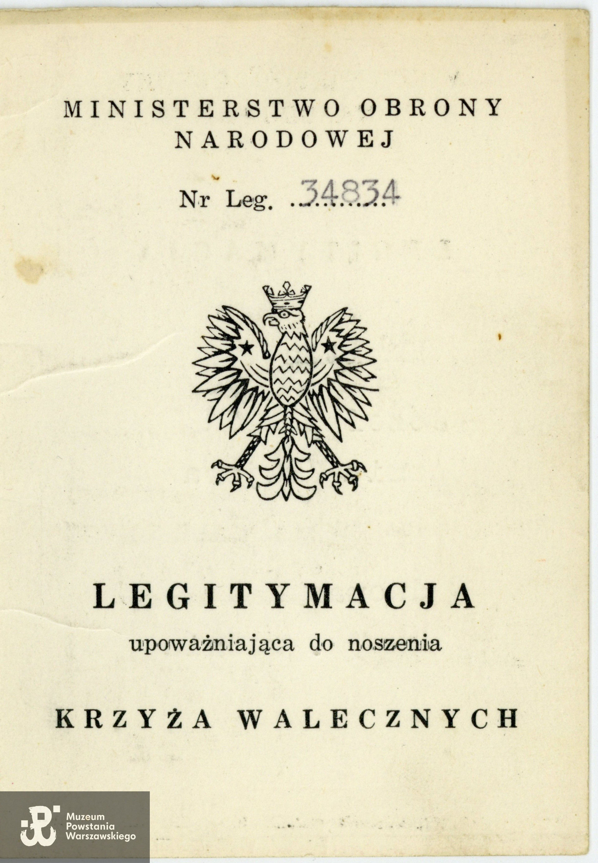 Legitymacja odznaczeniowa - Krzyż Walecznych. Zbiory rodzinne, udostępniła  córka, p. Izabela Rola z domu Załoga