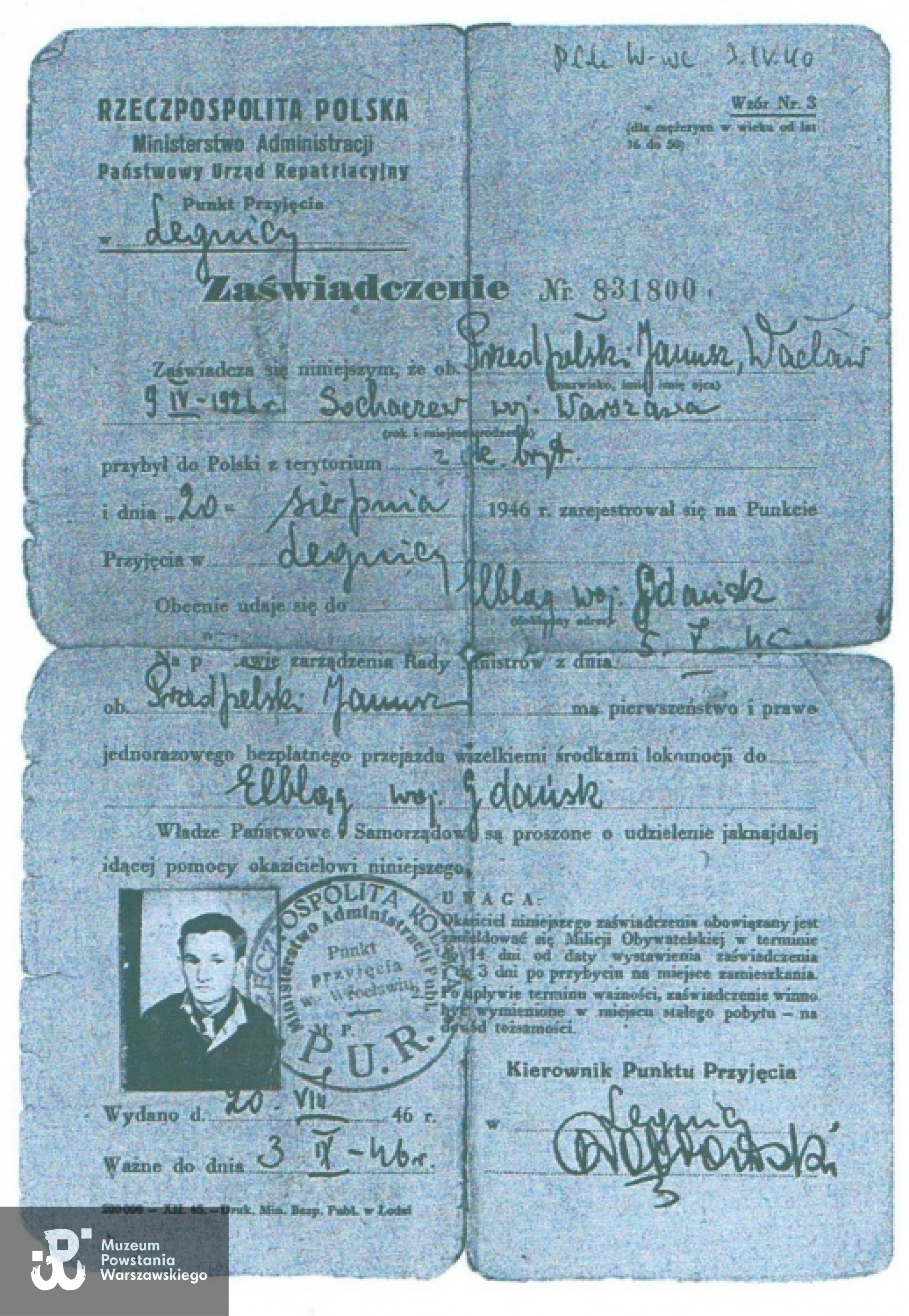 Zaświadczenie z Punktu Przyjęcia w Legnicy, 20.08.1946 r. (po powrocie z niewoli niemieckiej). Archiwum rodzinne.