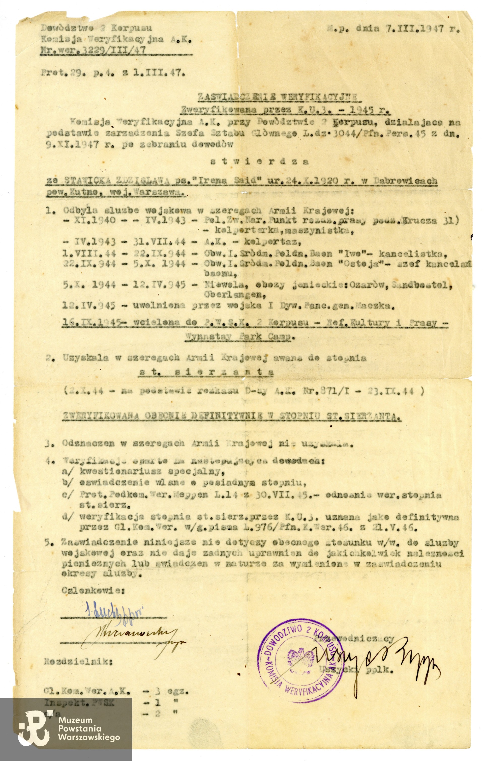 Zaświadczenie weryfikacyjne Komisji Weryfikacyjnej AK z 7 marca 1947.