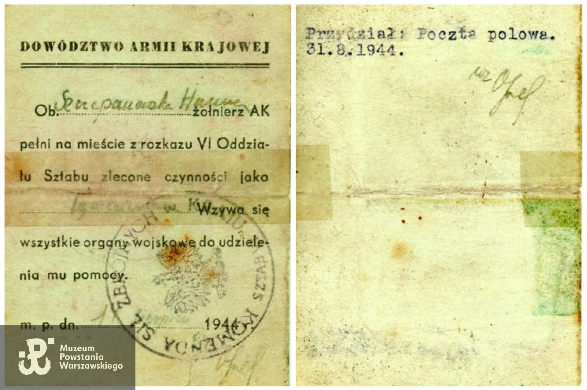 Przepustka Hanny Szczepanowskiej . Przydział Poczta polowa. 31.08.1944. Fot. z archiwum rodzinnego Hanny Szczepanowskiej, dzięki uprzejmości J. Wawszczyka.
