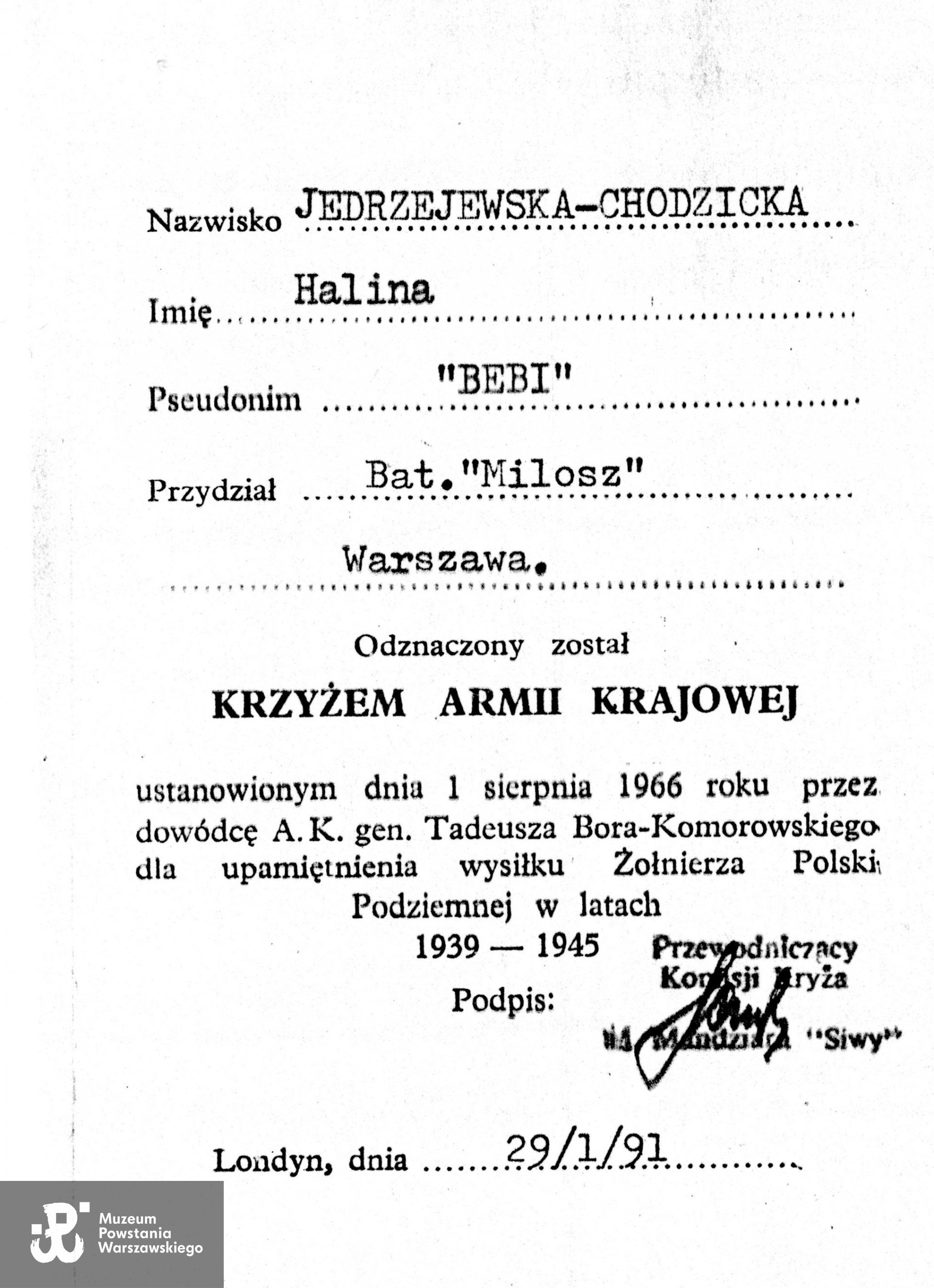 Źródło: Muzeum Powstania Warszawskiego, Teczki personalne uczestników Powstania Warszawskiego: Jędrzejewska - Chodzicka Halina Irena
