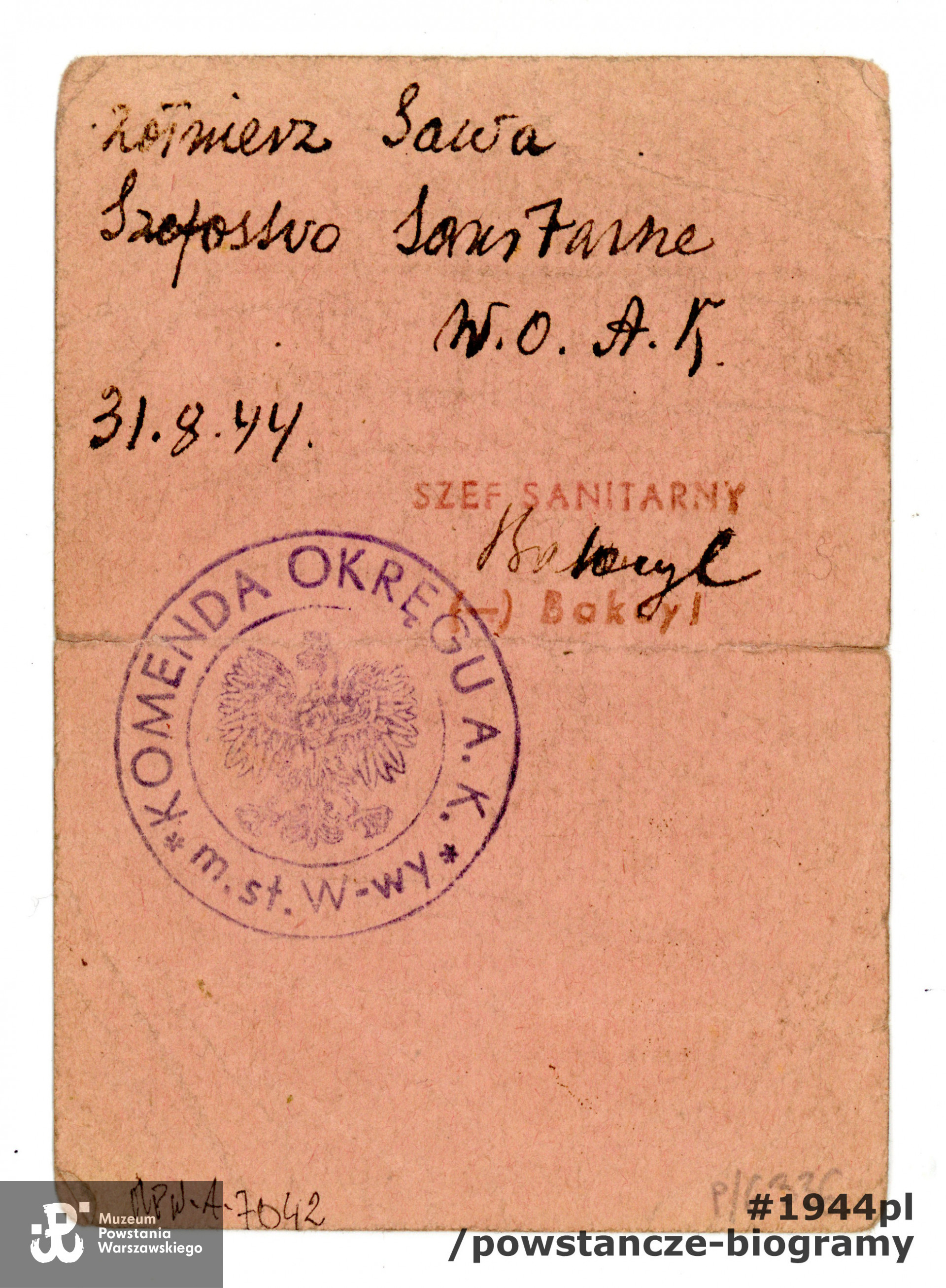 Legitymacja AK wystawiona na nazwisko Janina Kuczmierowska ps. "Sawa". Ze zbiorów Muzeum Powstania Warszawskiego, sygn.  MPW-A/7042 (P/6336/08)