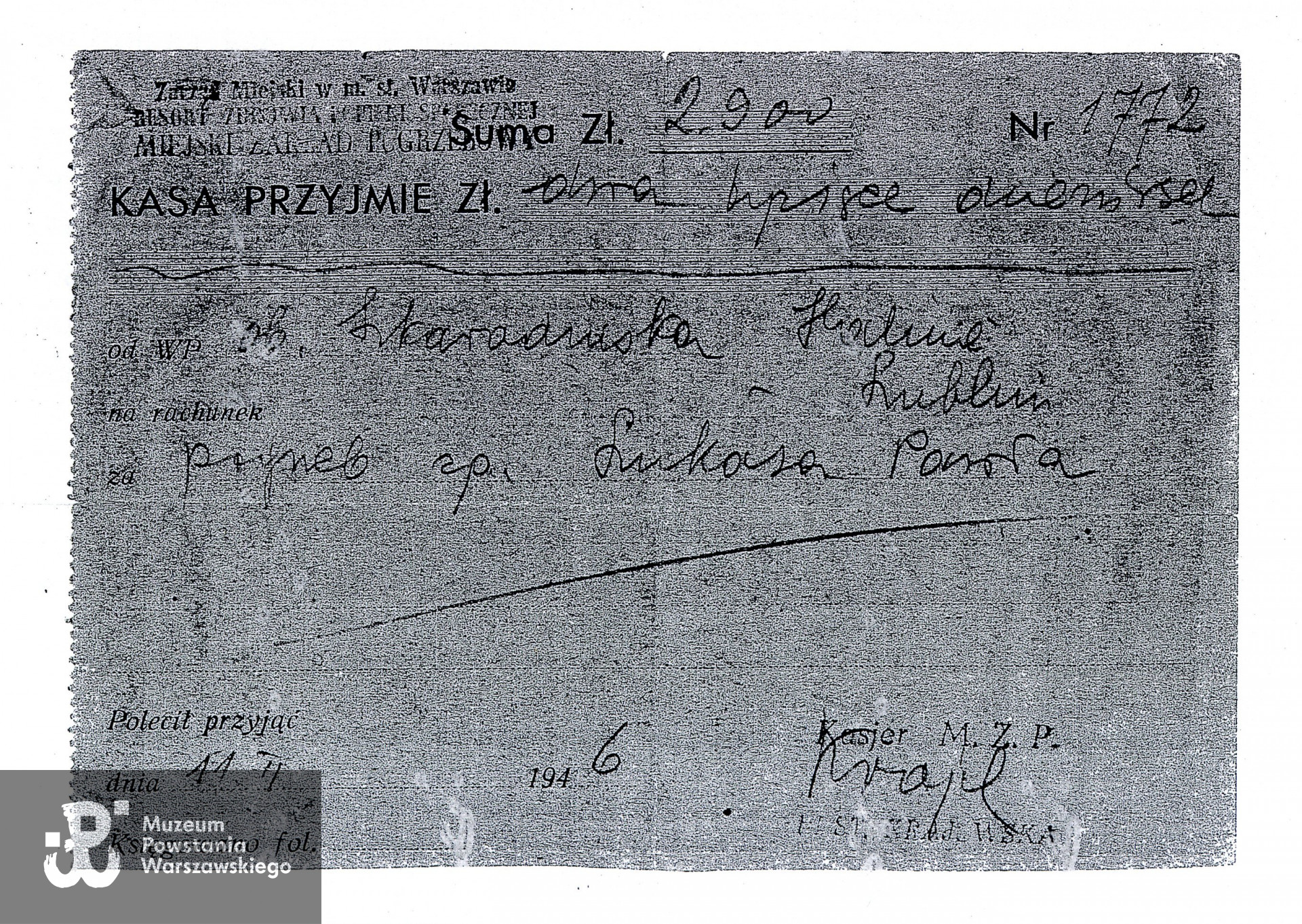 Zezwolenie  Miejskiego Zakładu Pogrzebowego w Warszawie na pochówek Pawła Lukasa, 1946 rok. 