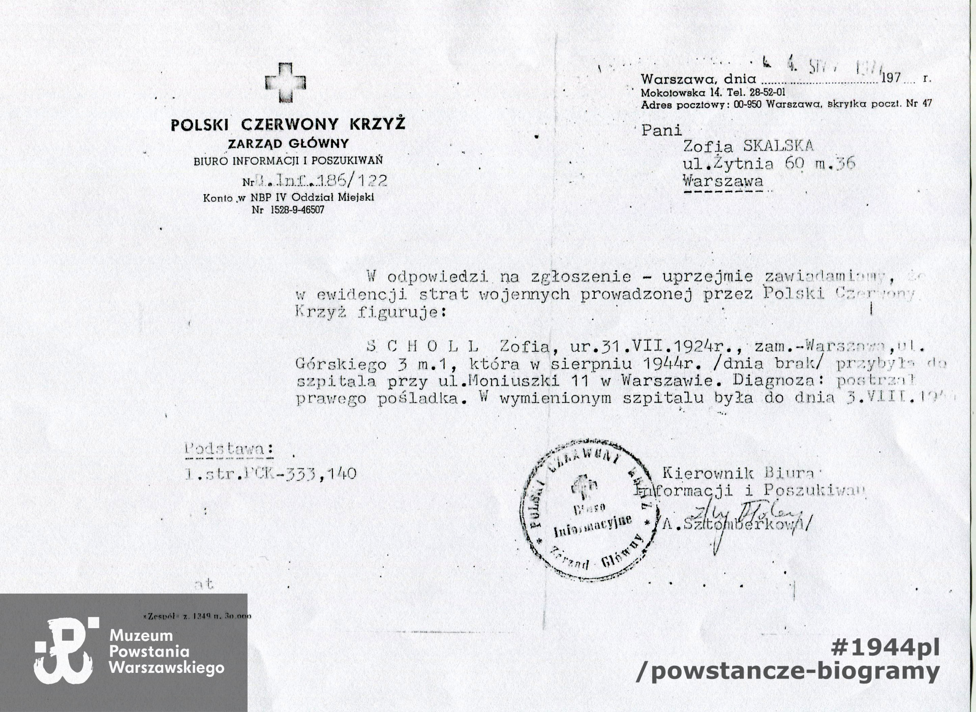 Zaświadczenie PCK dotyczące pobytu w szpitalu na ul. Moniuszki 11 w dn. 1-3 VIII 1944. MPW-teczka - zasób Pokoju Kombatanta MPW