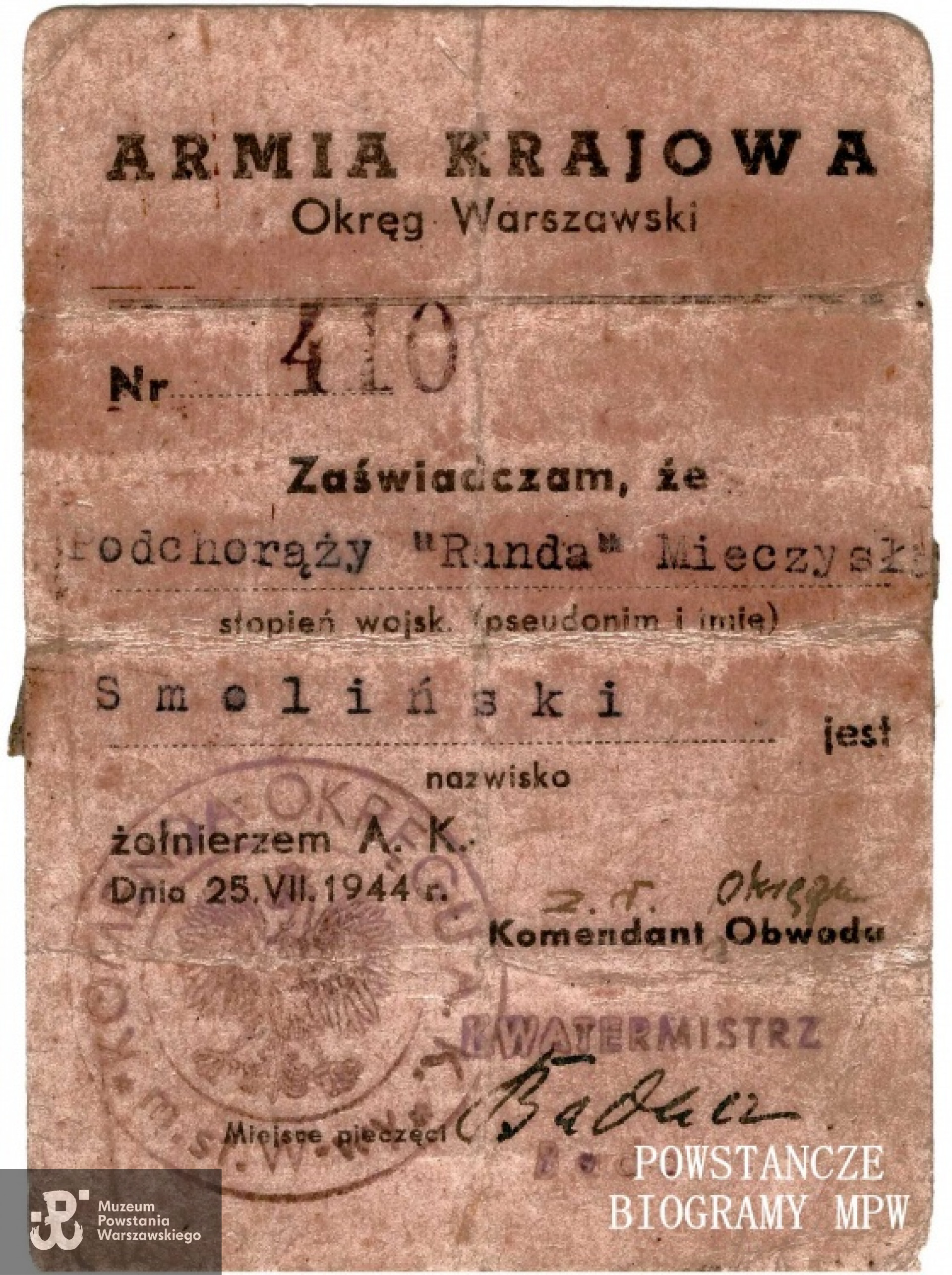 Legitymacja Armii Krajowej. Ze zbiorów Muzeum Powstania Warszawskiego