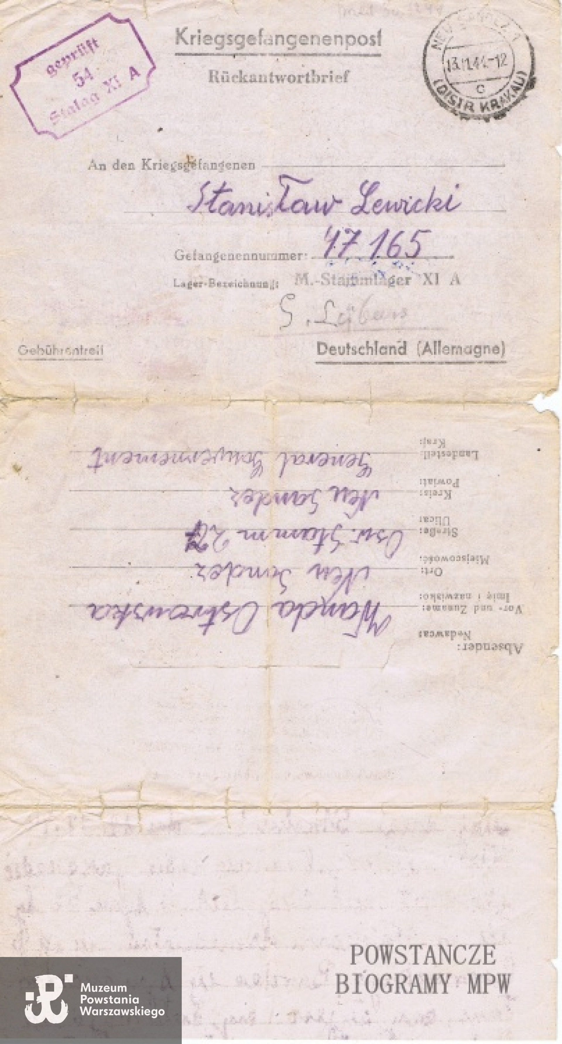 Korespondencja obozowa ze Stalagu XI A. Z archiwum rodzinnego Elżbiety Olszowskiej