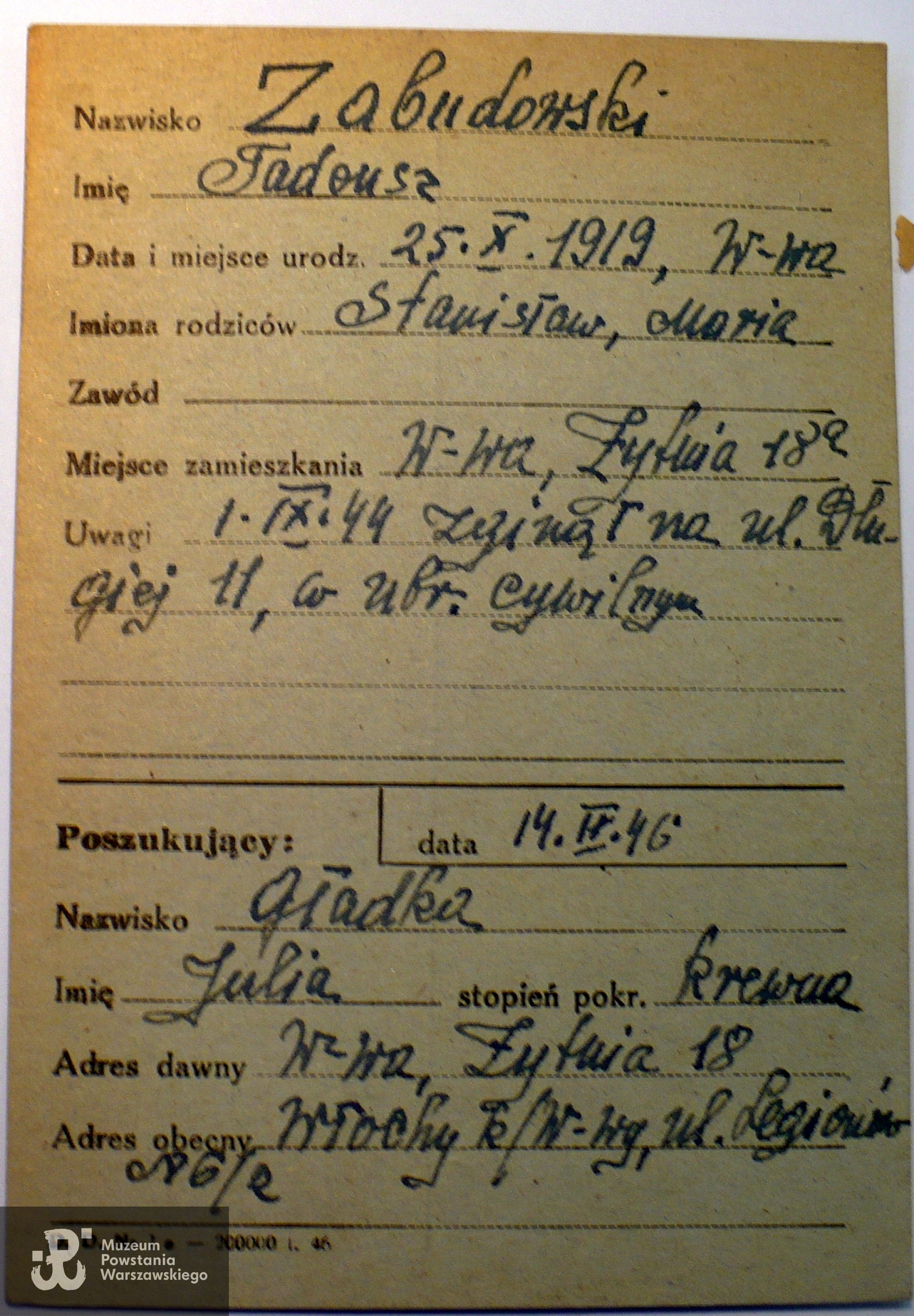 Polski Czerwony Krzyż - kartoteka ogólna poszukiwań