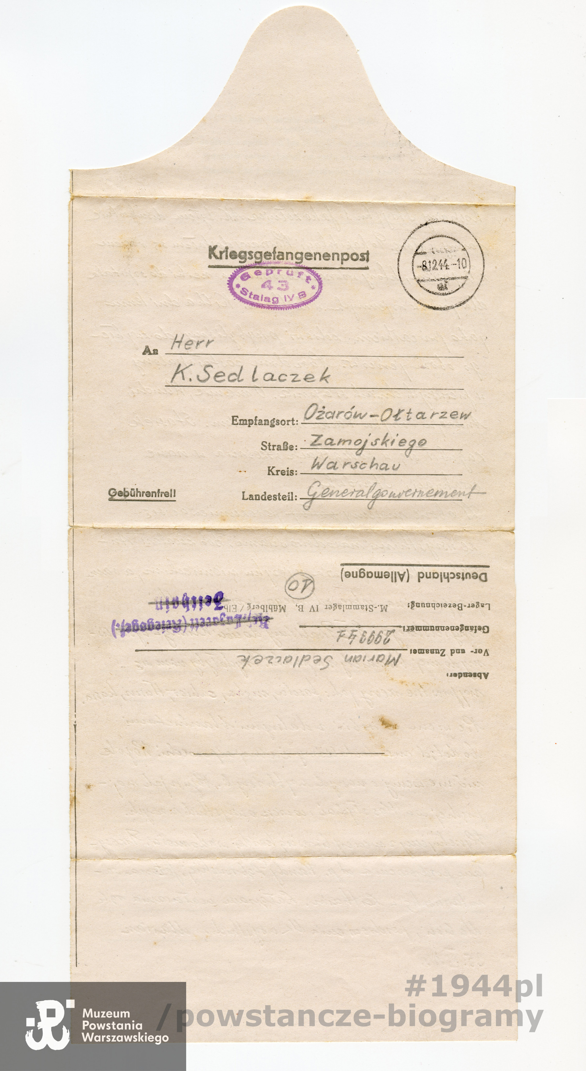 List Mariana Sedlaczka do Kazimierza Sedlaczka, ojca Lecha. Z archiwum rodzinnego p. Lecha Sedlaczka ps. Hak