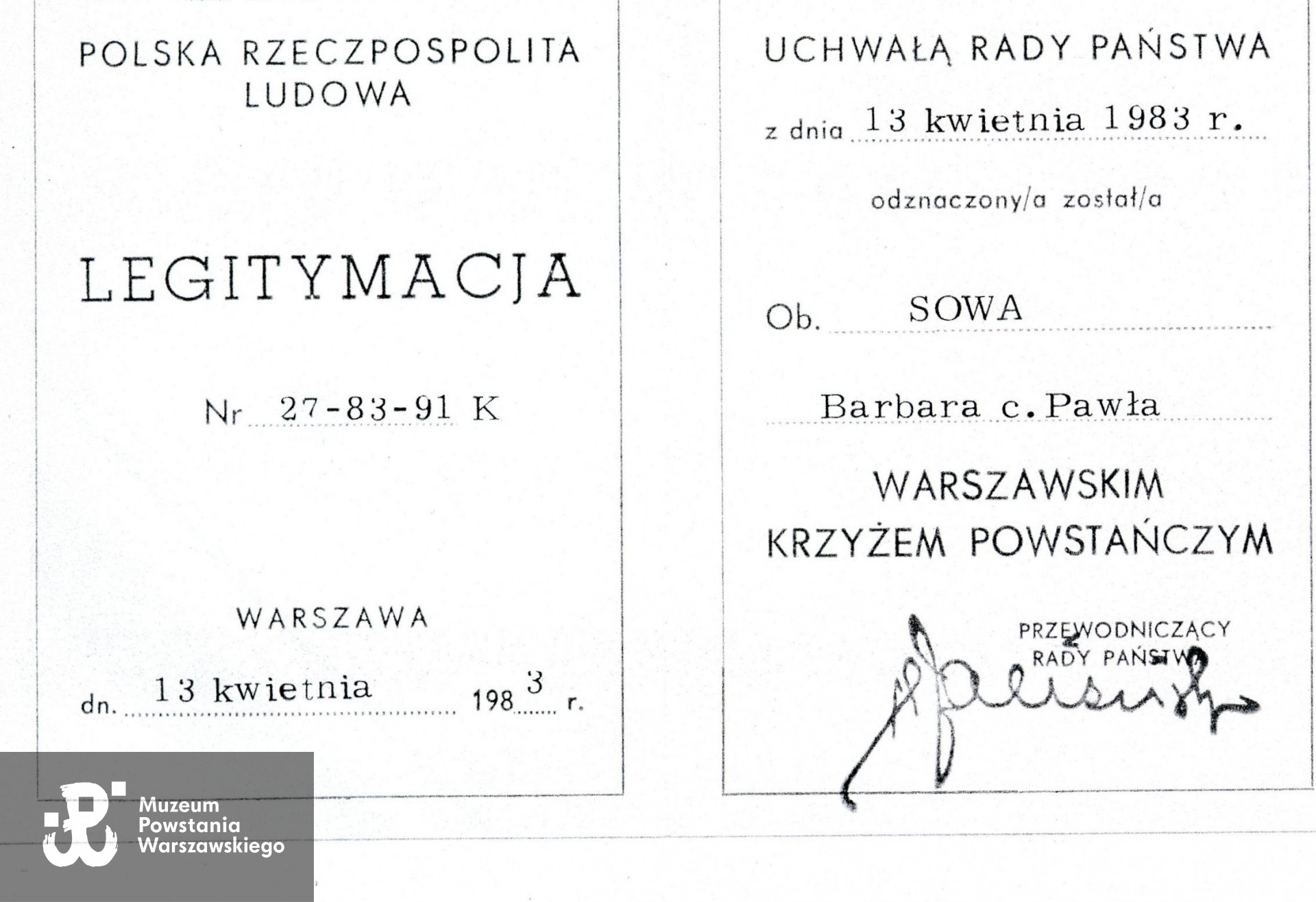 Źródło: Muzeum Powstania Warszawskiego, Teczki personalne uczestników Powstania Warszawskiego: Gettel Barbara Janina, zasób Pokoju Kombatanta MPW