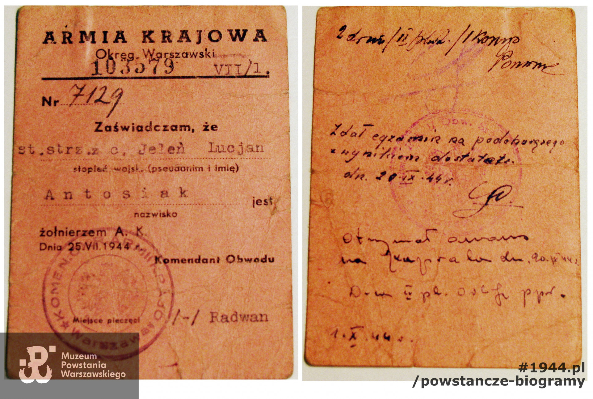 Legitymacja AK - awers  i rewers.  Ze zbiorów Studium Polski Podziemnej w Londynie