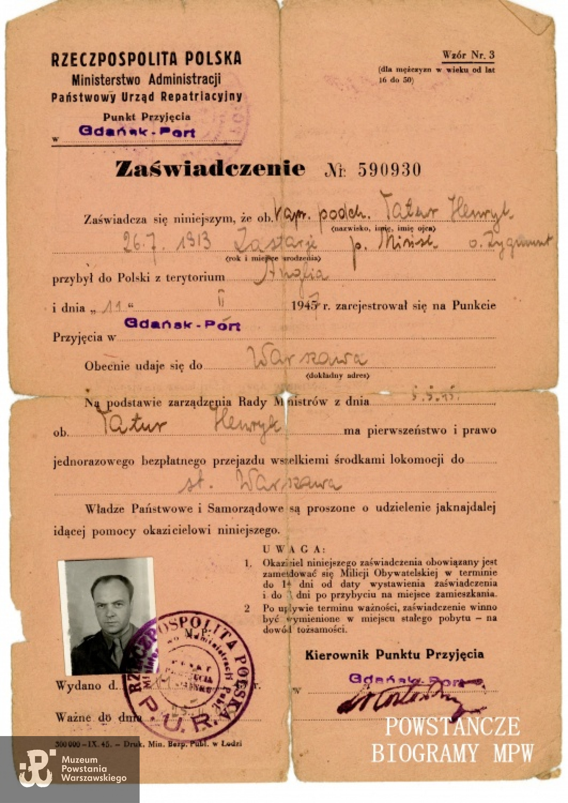 Zaświadczenie o powrocie do kraju wystawione przez Państwowy Urząd Repatriacyjny (PUR). Z archiwum rodzinnego