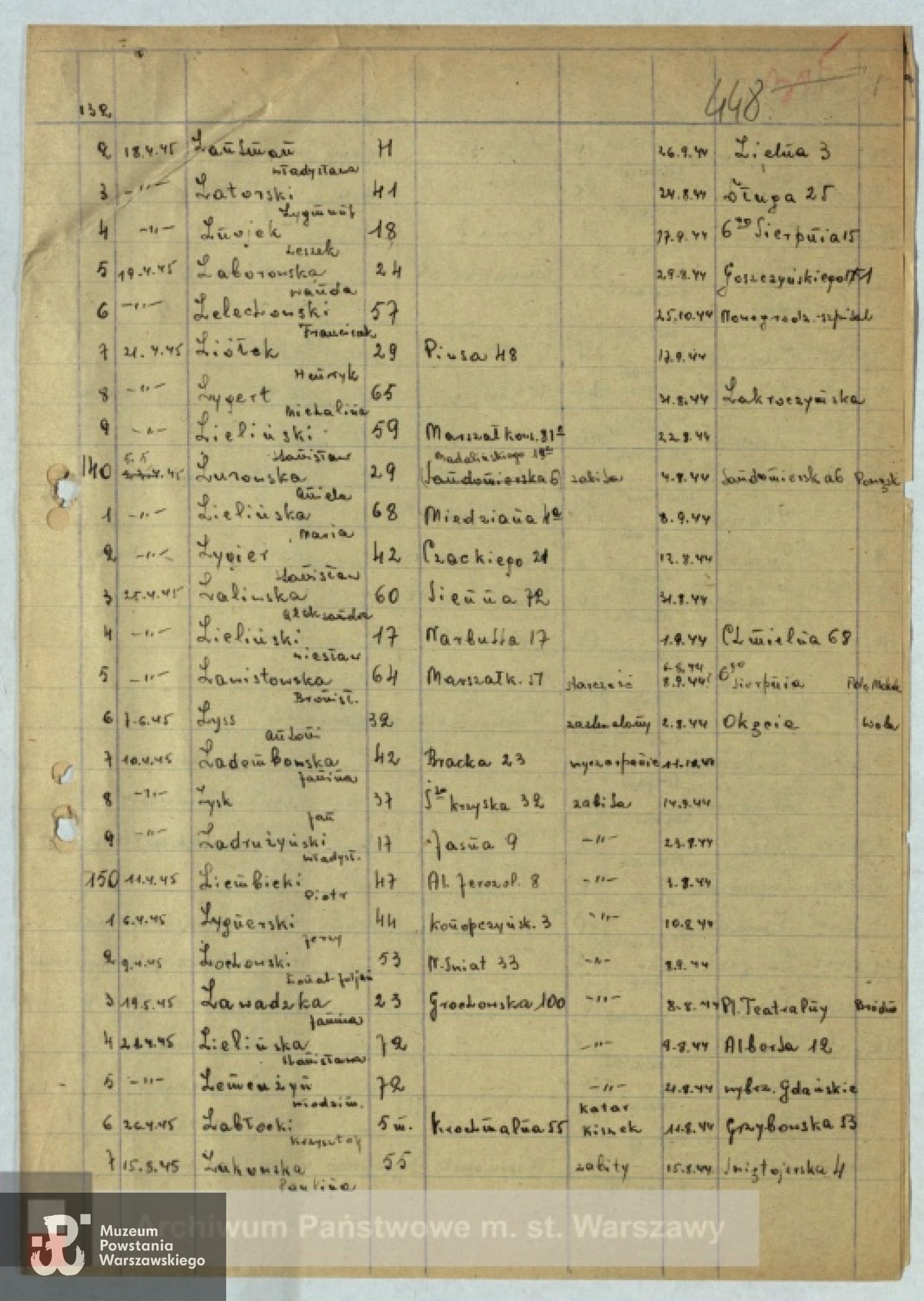 Lista ekshumacyjna ze zbiorów Archiwum Państwowego m. st. Warszawy