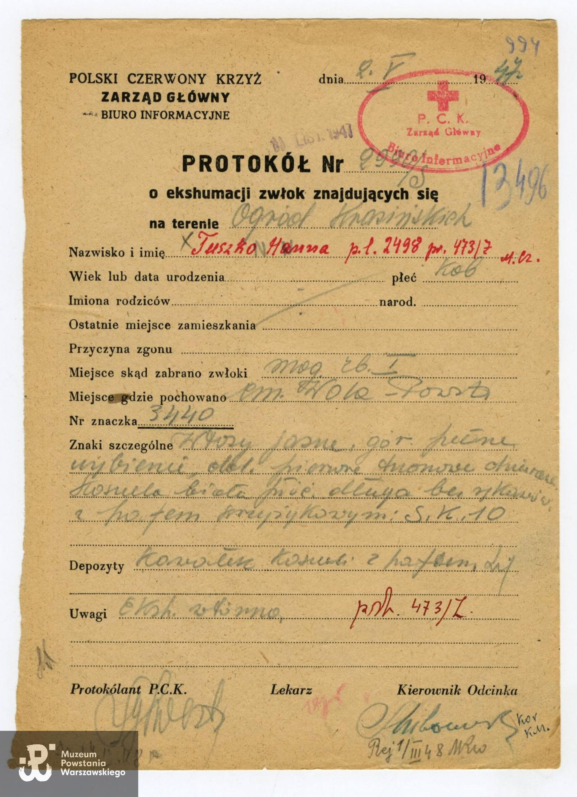 Polski Czerwony Krzyż, Lista Strat 13496: Protokół nr 2990/S z ekshumacji zwłok z terenu Ogrodu Krasińskich z dnia 2.05.1947 - numer znaczka PCK 3440