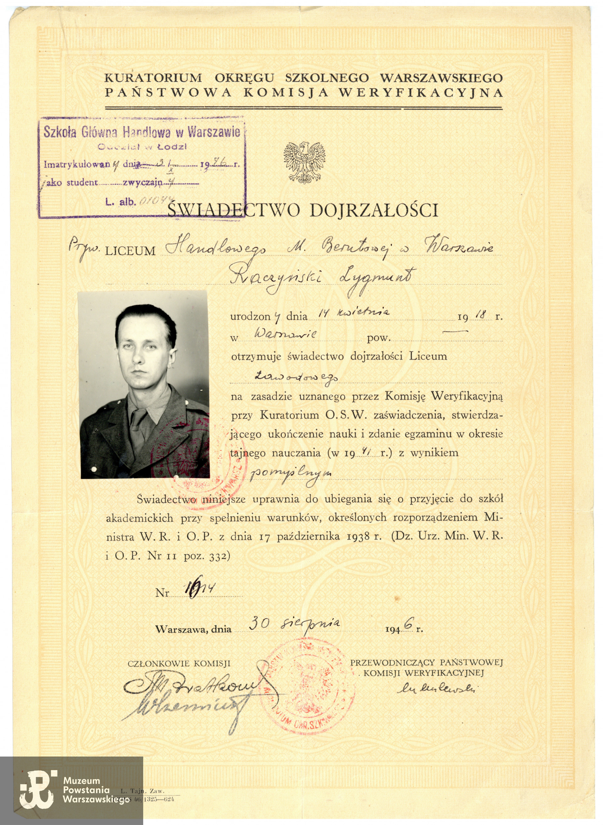 Świadectwo dojrzałości, dokument ze zdjęciem. Ze zbiorów  p. Jerzego Raczyńskiego, syna Powstańca