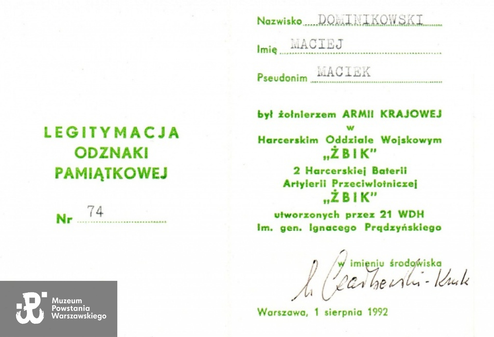 Legitymacja Odznaki Pamiątkowej. Ze zbiorów Macieja Dominikowskiego. Fot. <i> Archiwum 2HBAP "Żbik"</i>